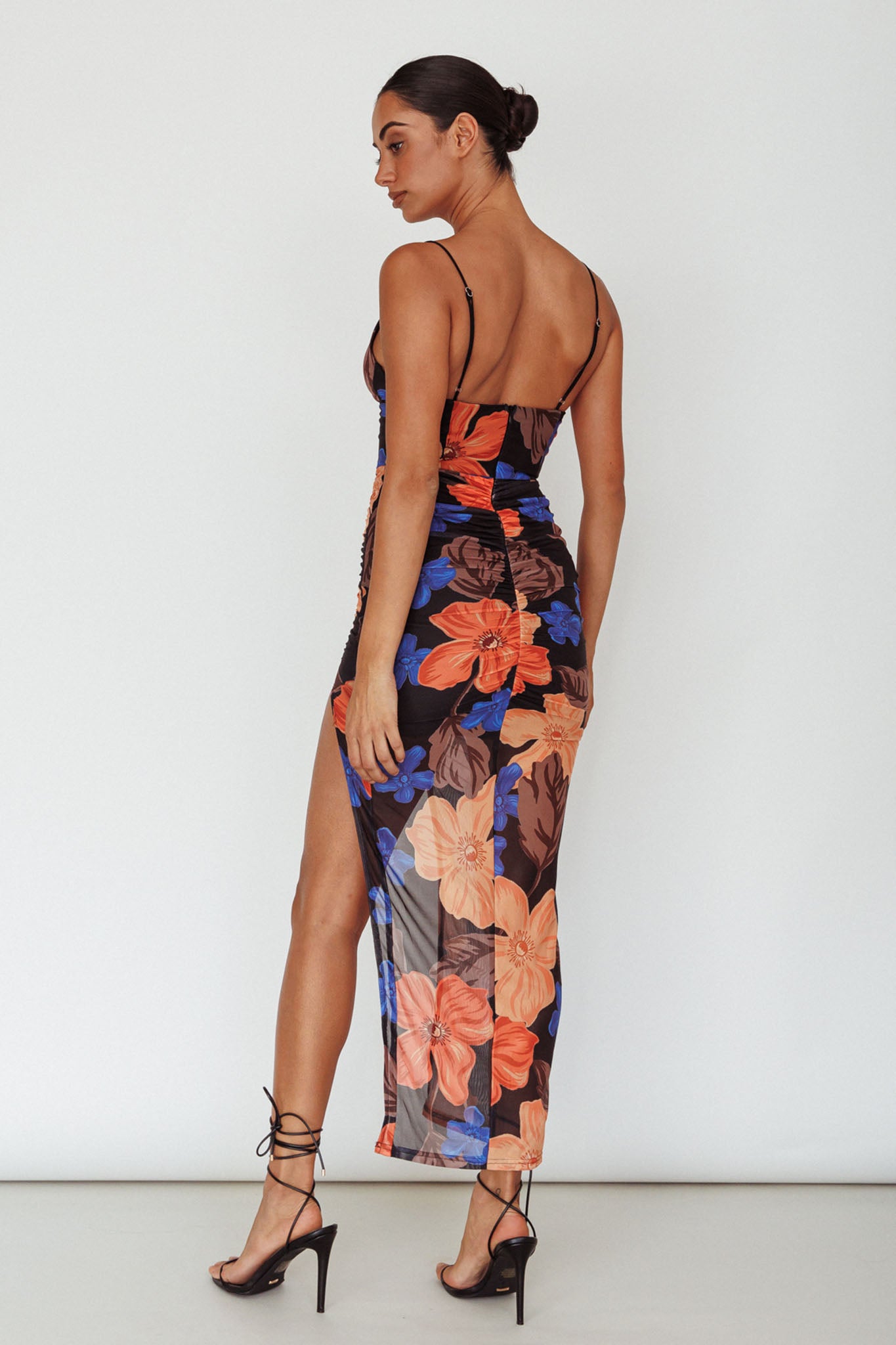 Lake Como Fitted Bodice Side Split Dress Black/Orange-Maymioy