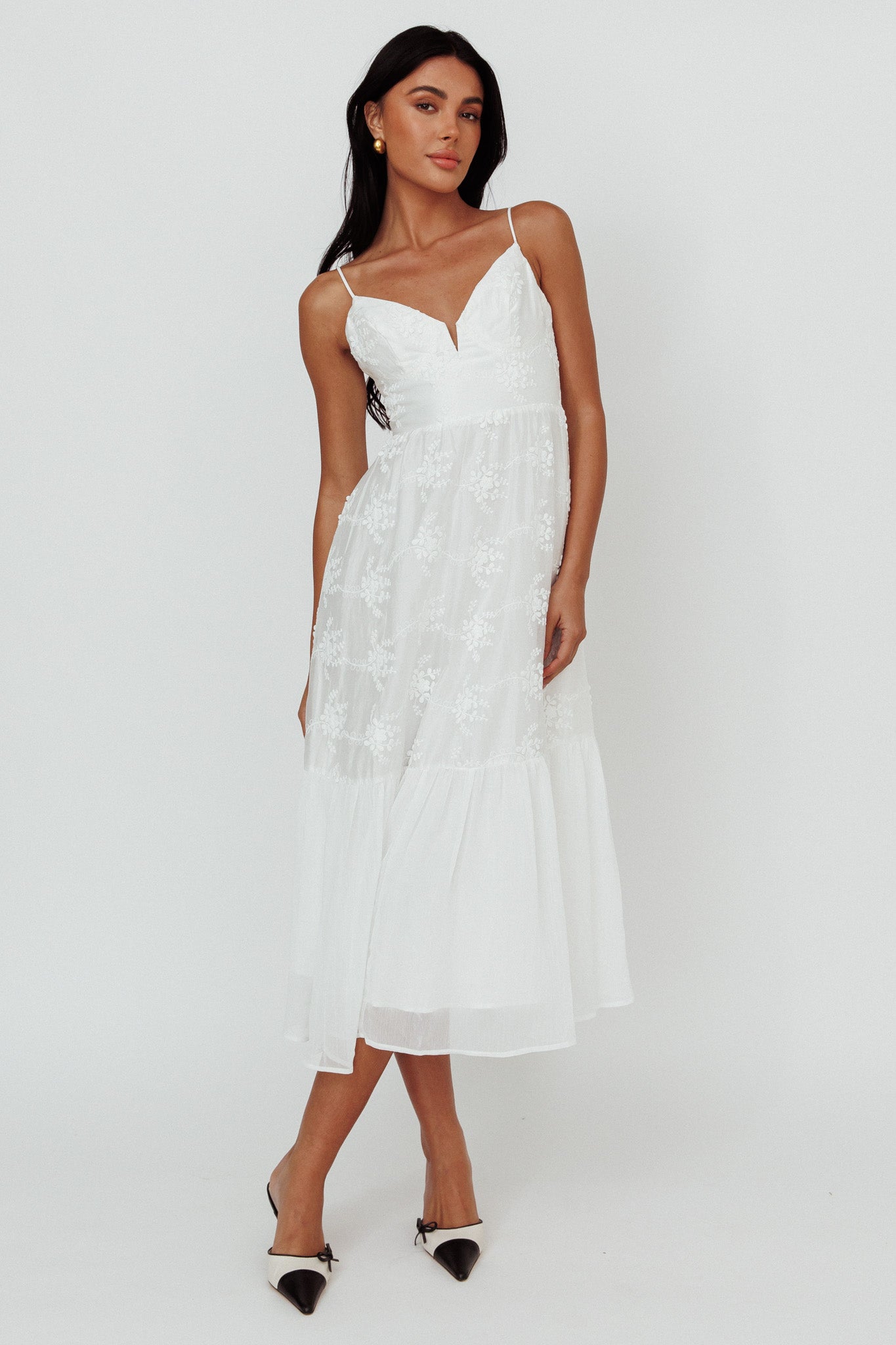 Lake Como Floral Embroidered Midi Dress White-Maymioy
