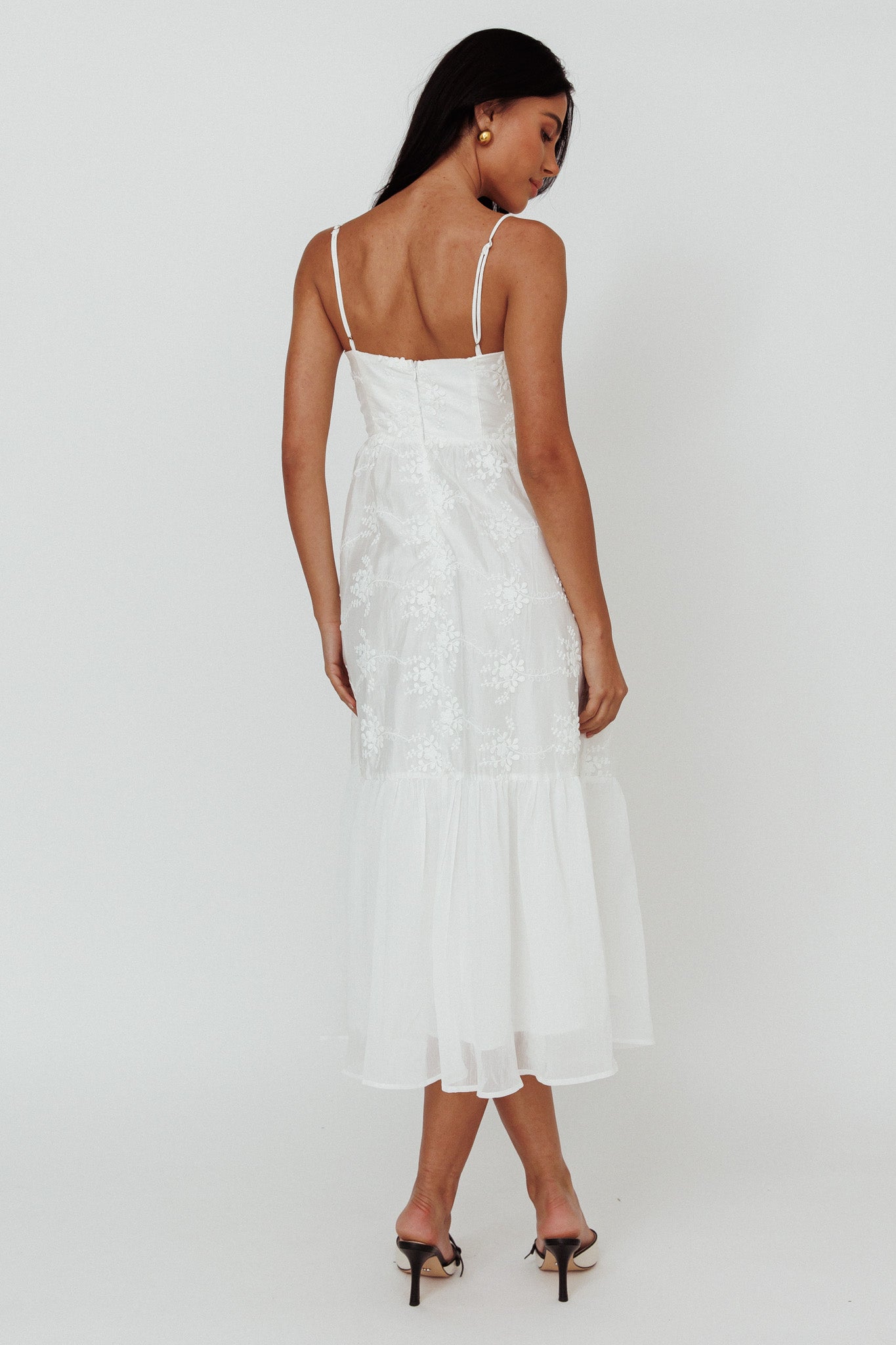 Lake Como Floral Embroidered Midi Dress White-Maymioy