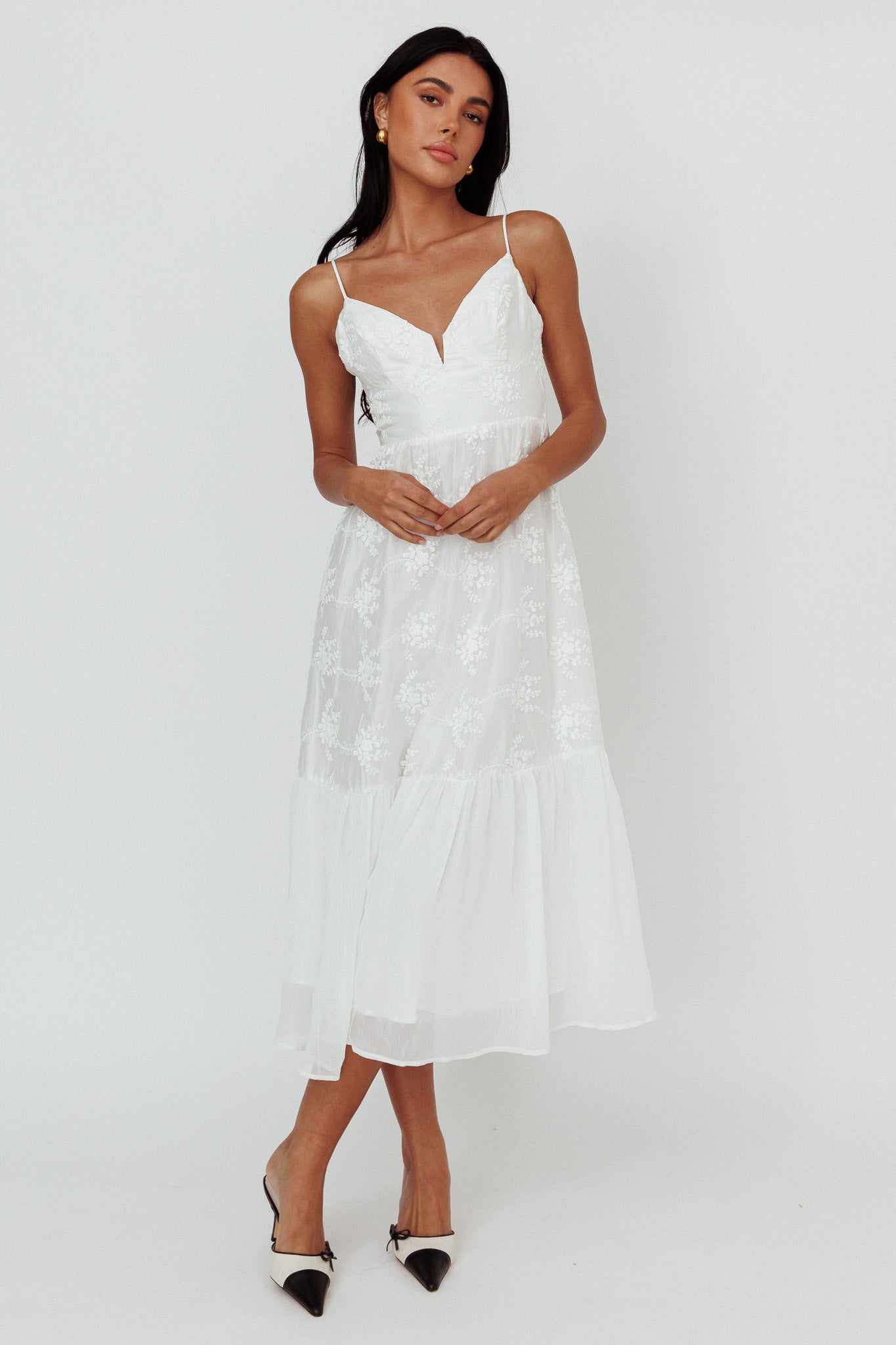 Lake Como Floral Embroidered Midi Dress White-Maymioy