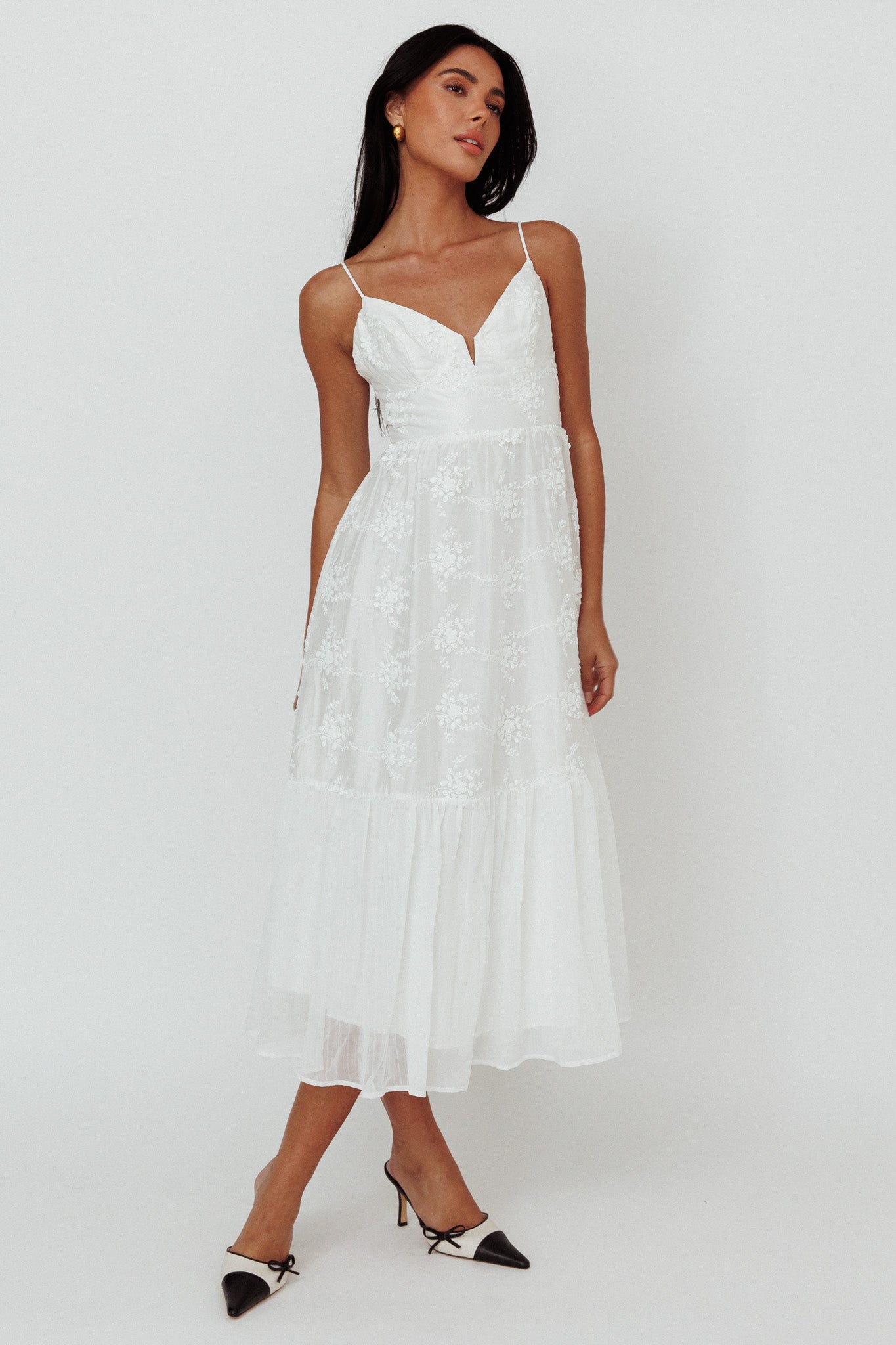 Lake Como Floral Embroidered Midi Dress White-Maymioy