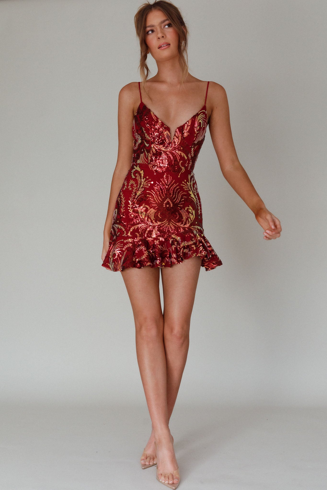 Lake Como Fitted Bodice Sequin Mini Dress Red-Maymioy