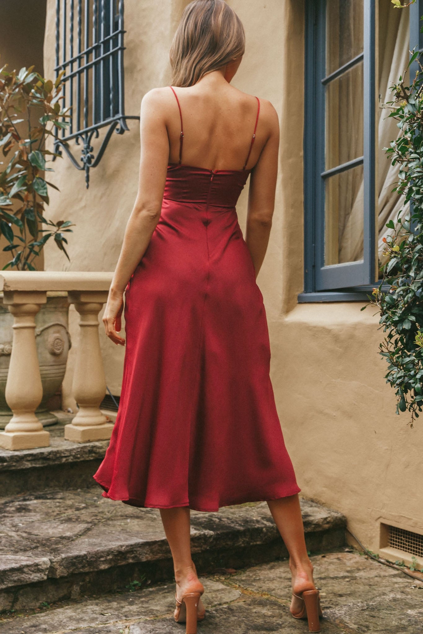 Lake Como Fitted Bodice Cami Strap Midi Dress Cherry-Maymioy