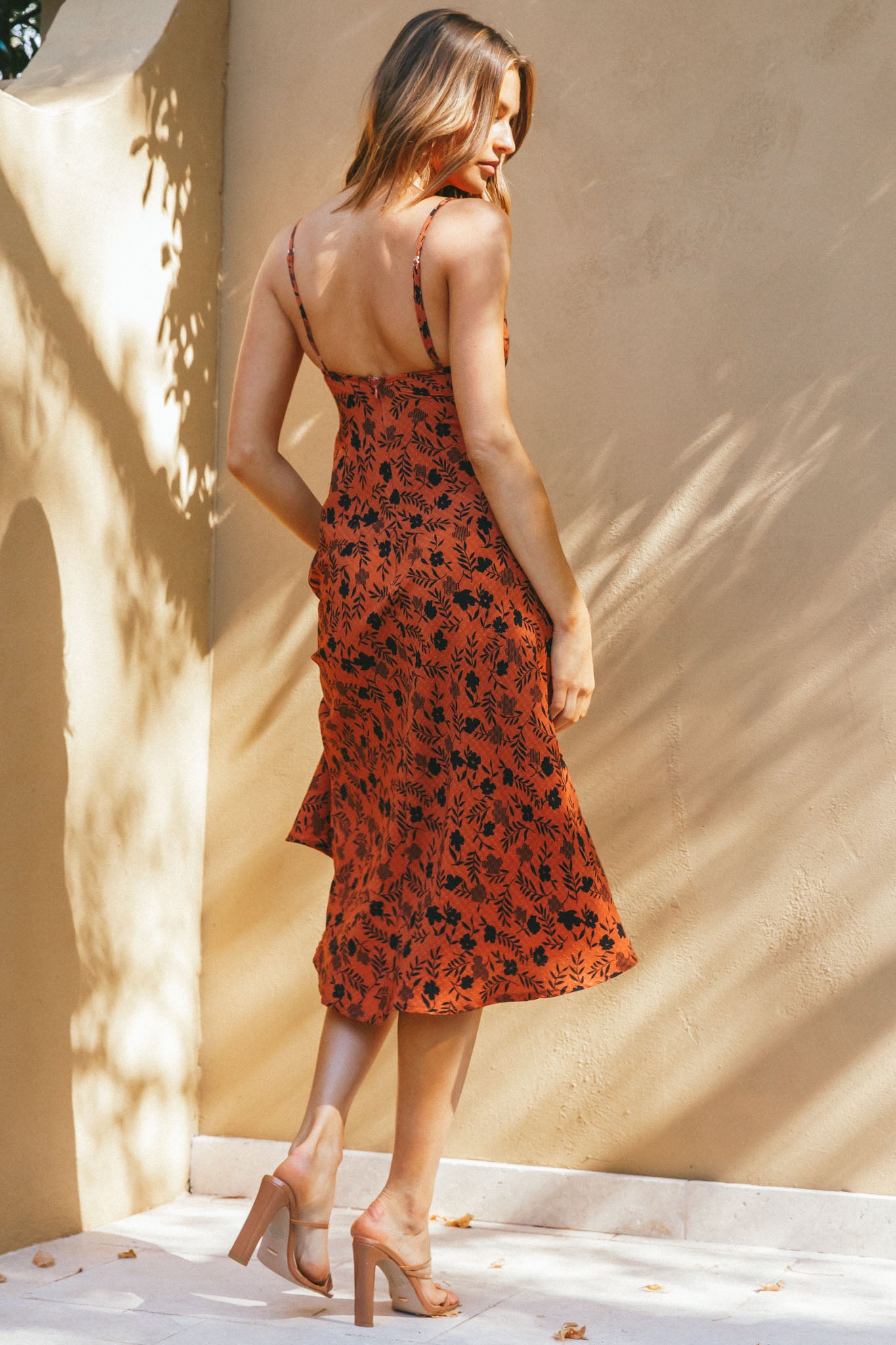 Melancholy Resin Buckle Midi Dress Floral Print Orange-Maymioy