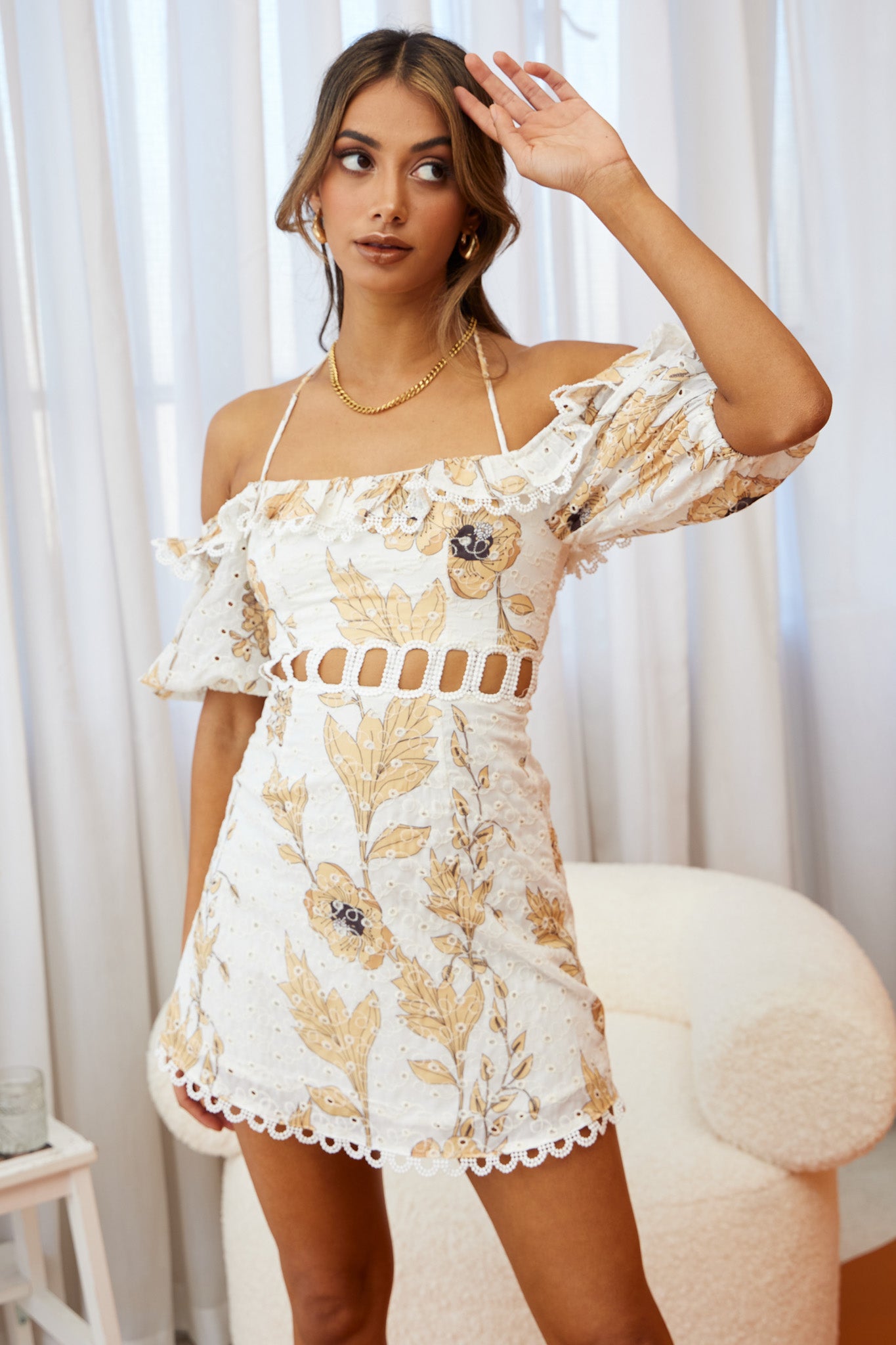 Happy Days Halterneck Puff Sleeve Eyelet Dress Floral Print Sunflower-Maymioy