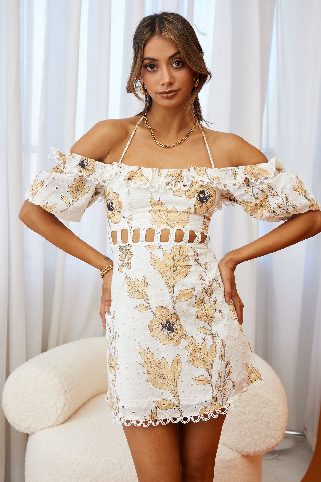 Happy Days Halterneck Puff Sleeve Eyelet Dress Floral Print Sunflower-Maymioy