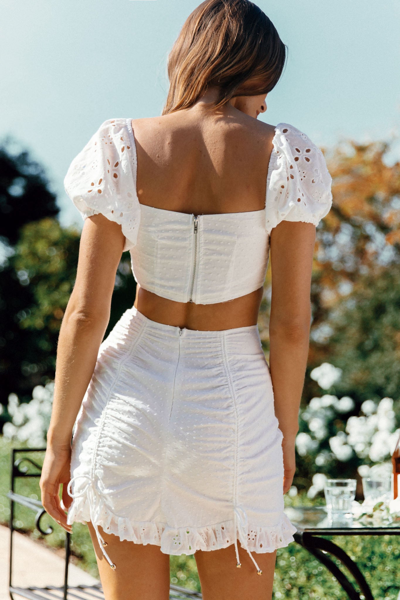 Sweet September Ruched Drawstring Skirt White-Maymioy