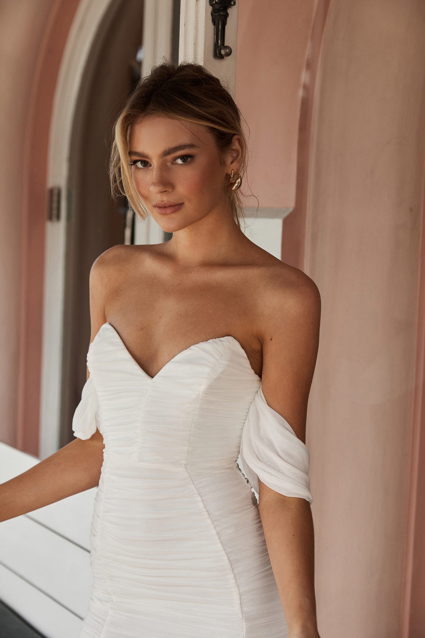 Evelina Draped Sleeve Sweetheart Neckline Ruched Dress White-Maymioy