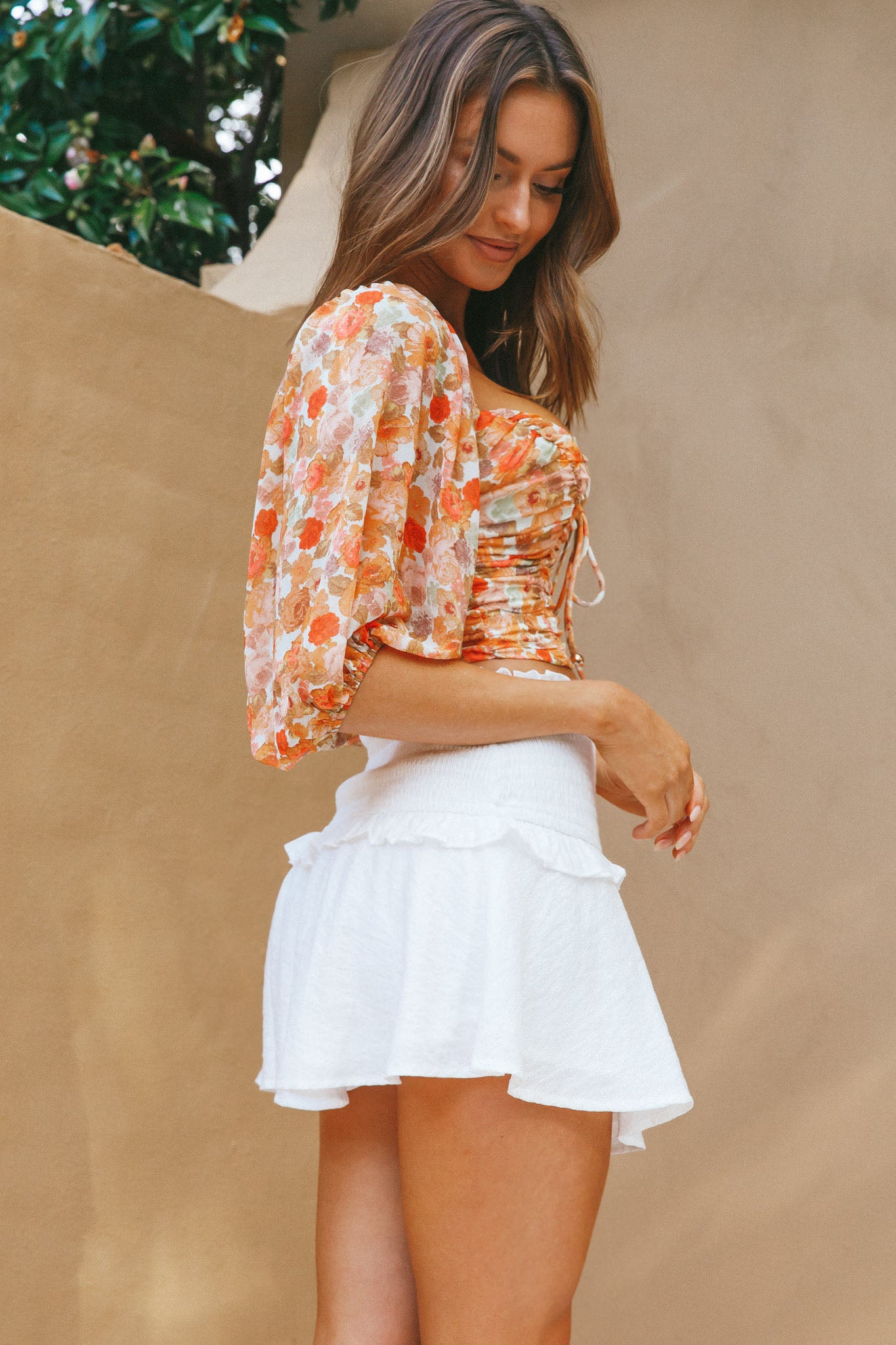 Magic Moment Ruched Tie Bust Crop Top Floral Print Orange-Maymioy