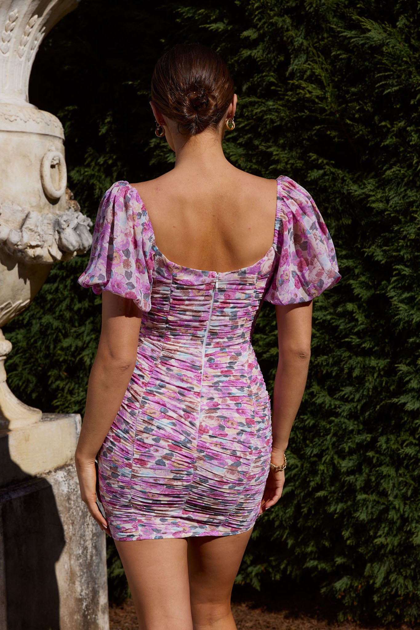 Magic Moment Ruched Drawstring Mini Dress Rose Print Purple-Maymioy