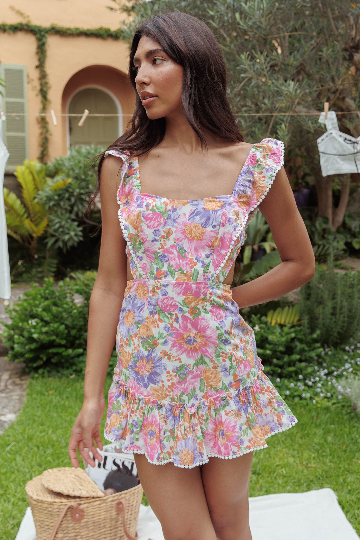 Porcia Tied Back Frill Dress White Multi-Maymioy