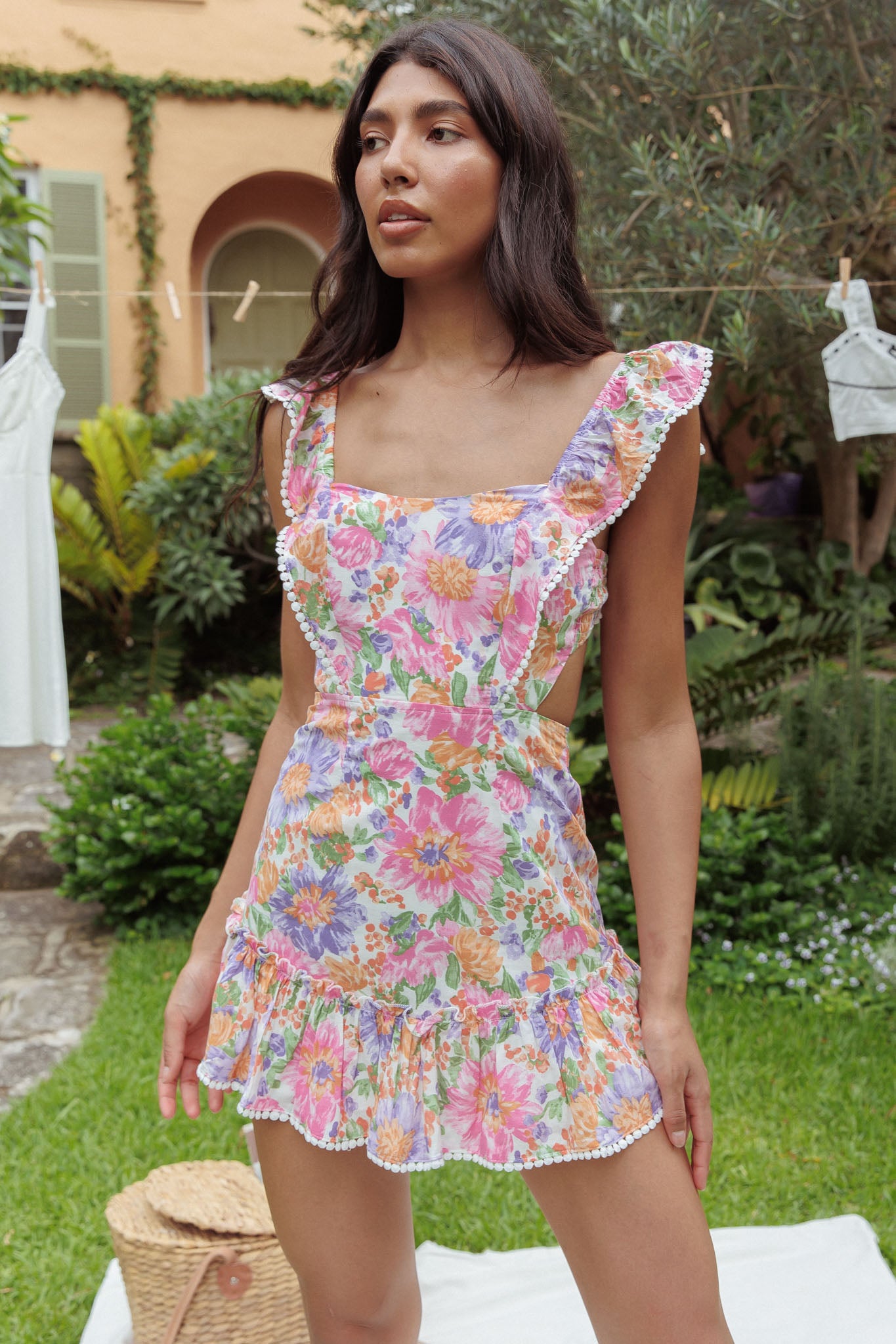 Porcia Tied Back Frill Dress White Multi-Maymioy