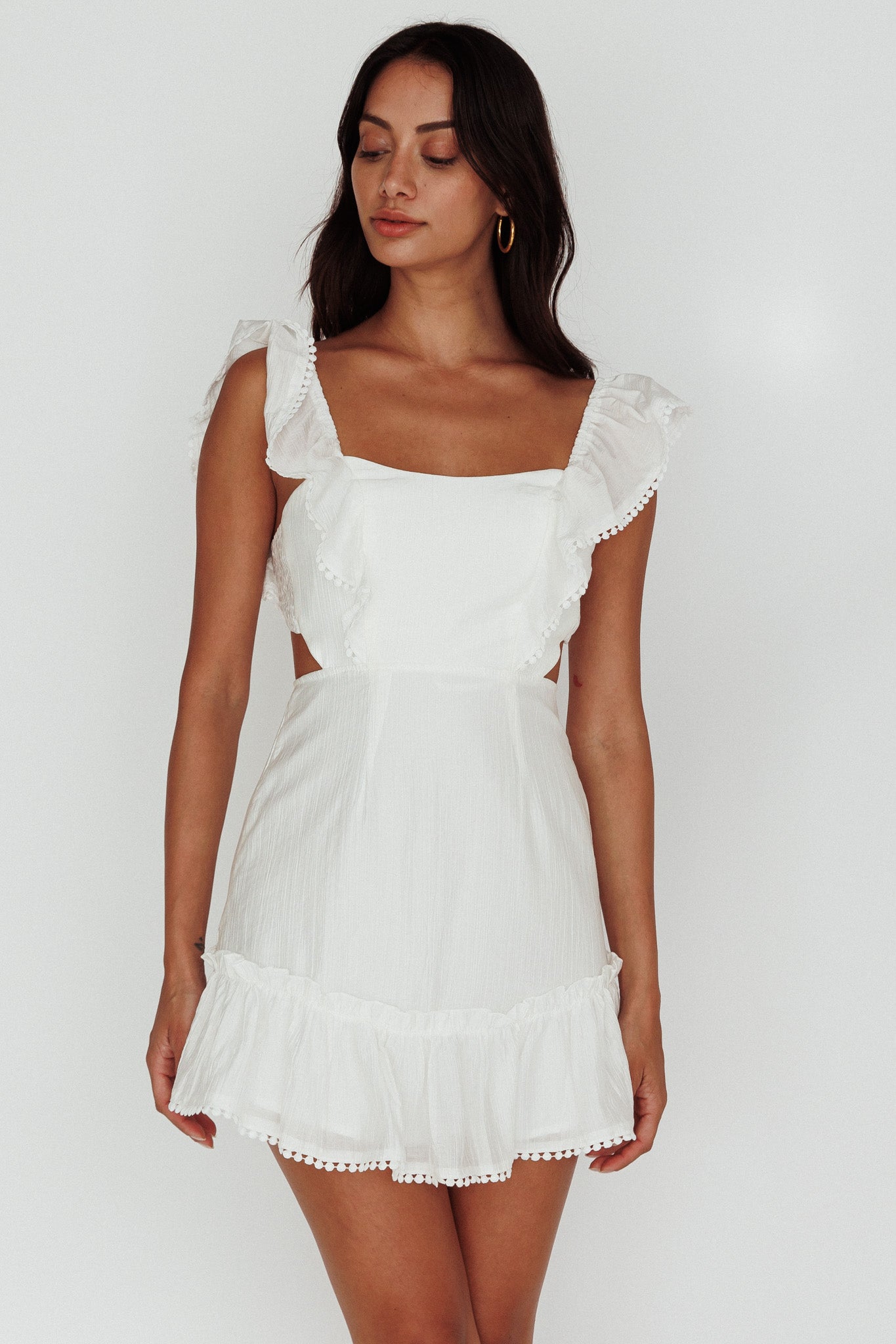 Porcia Tied Back Frill Dress White-Maymioy