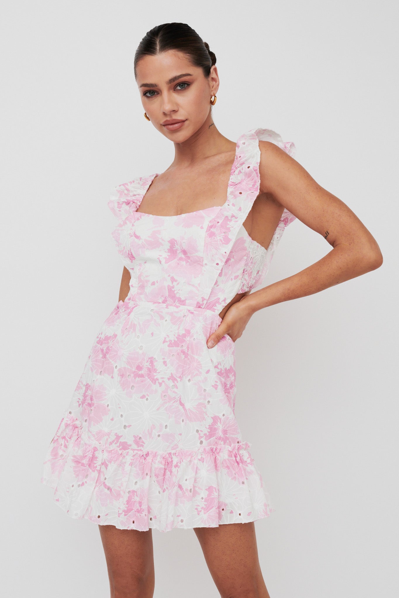 Porcia Tied Back Frill Dress Floral Pink-Maymioy