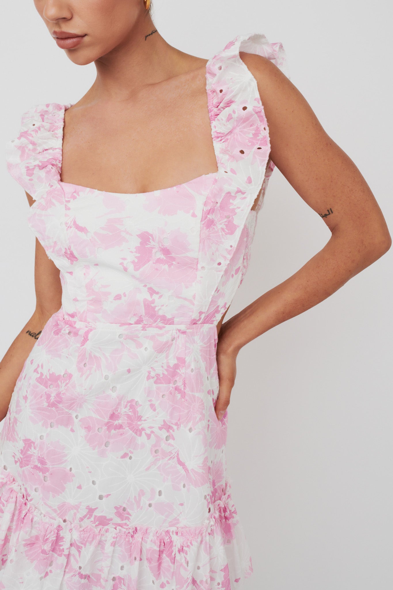 Porcia Tied Back Frill Dress Floral Pink-Maymioy