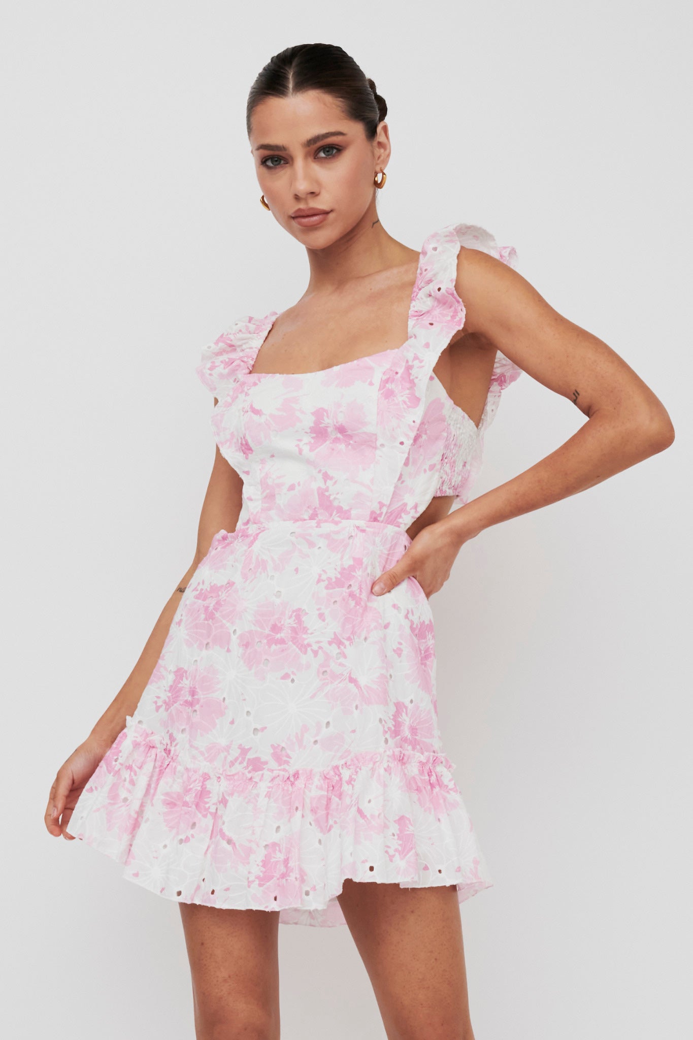 Porcia Tied Back Frill Dress Floral Pink-Maymioy