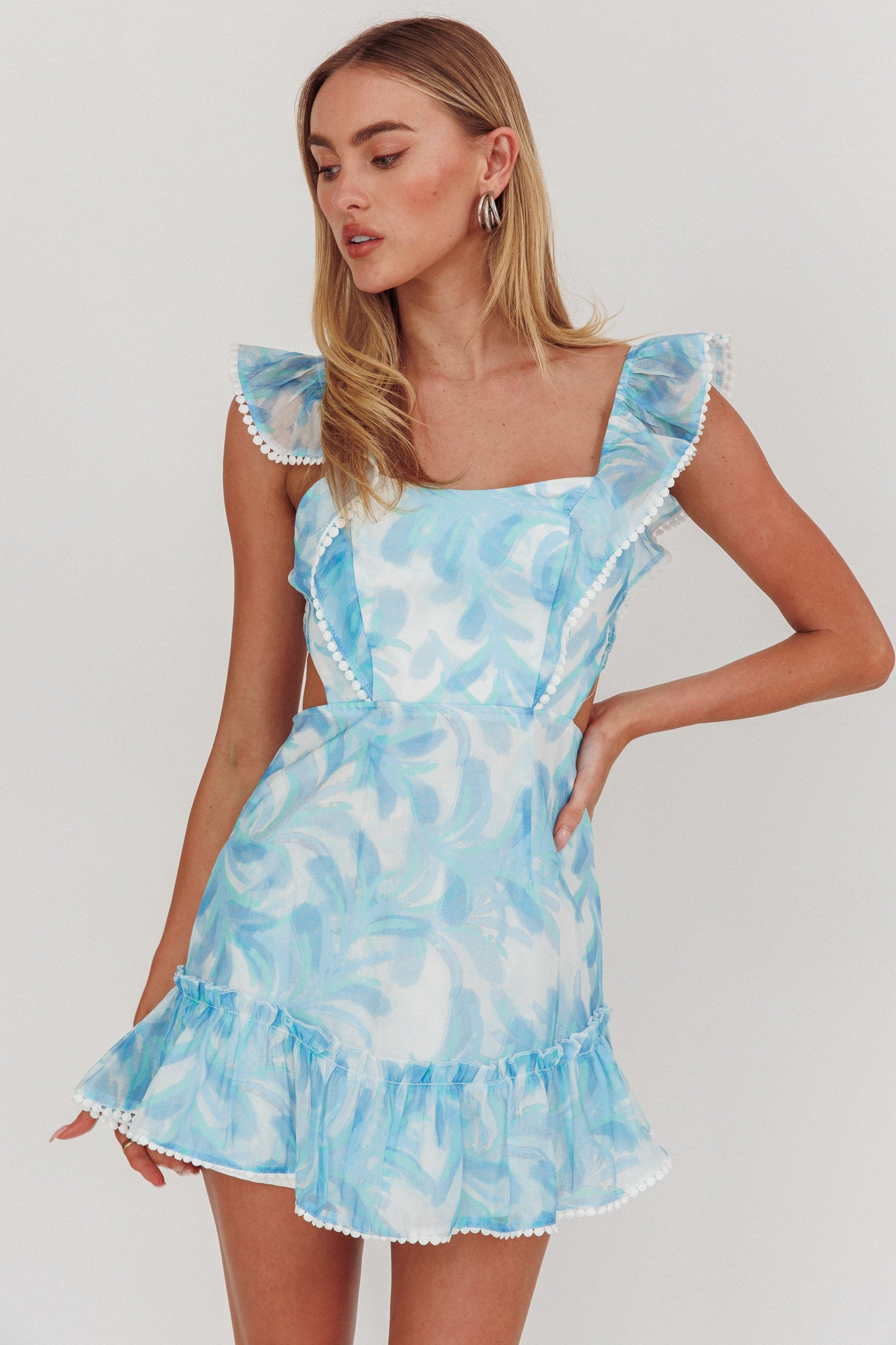 Porcia Tied Back Frill Dress Leaves Blues-Maymioy