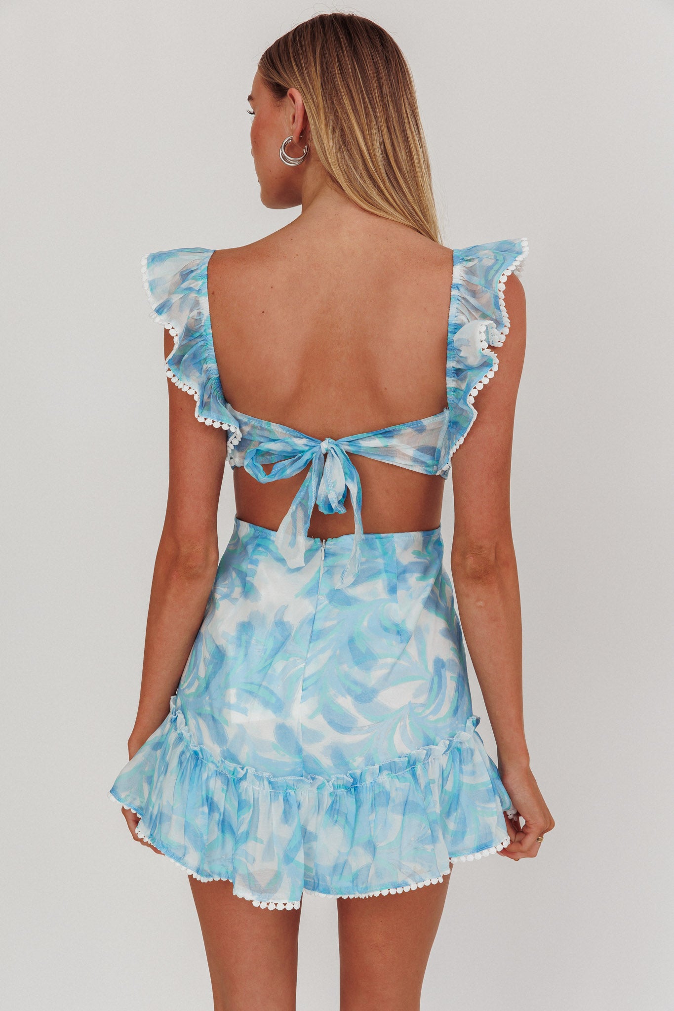 Porcia Tied Back Frill Dress Leaves Blues-Maymioy