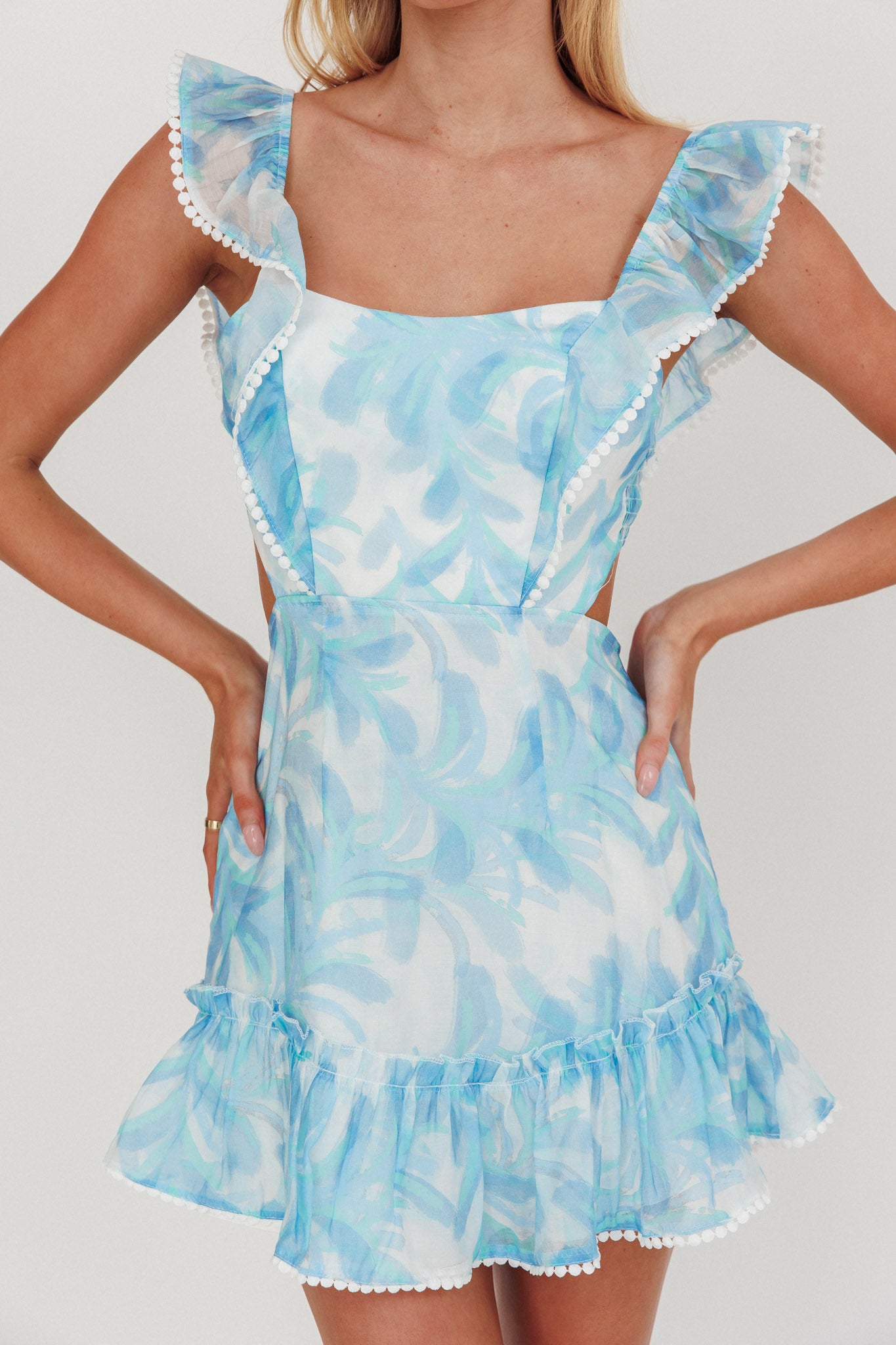 Porcia Tied Back Frill Dress Leaves Blues-Maymioy
