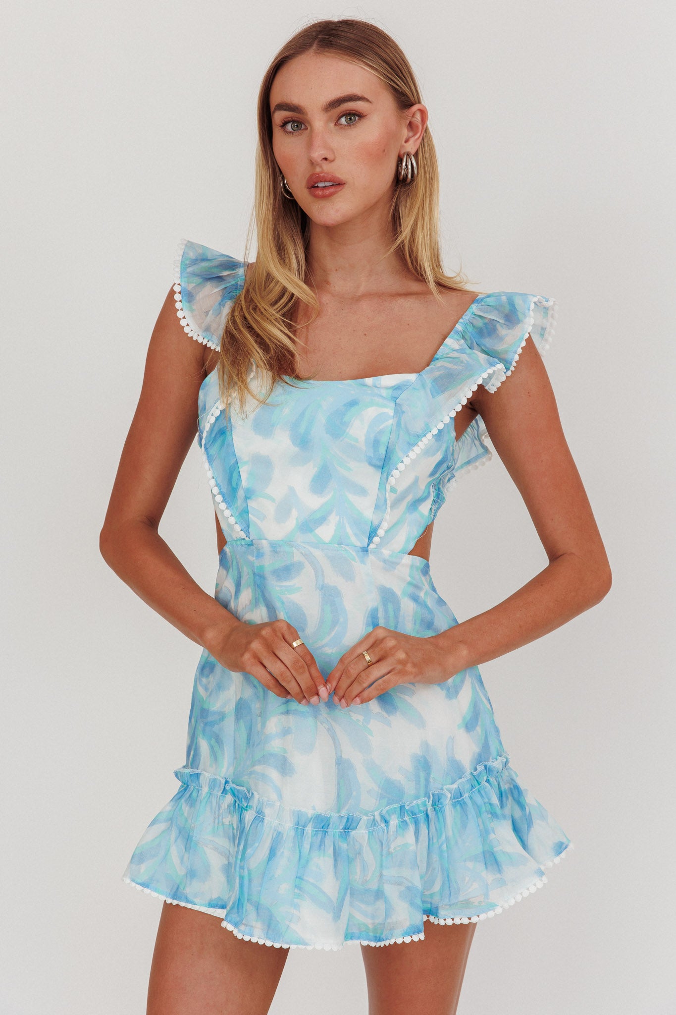 Porcia Tied Back Frill Dress Leaves Blues-Maymioy