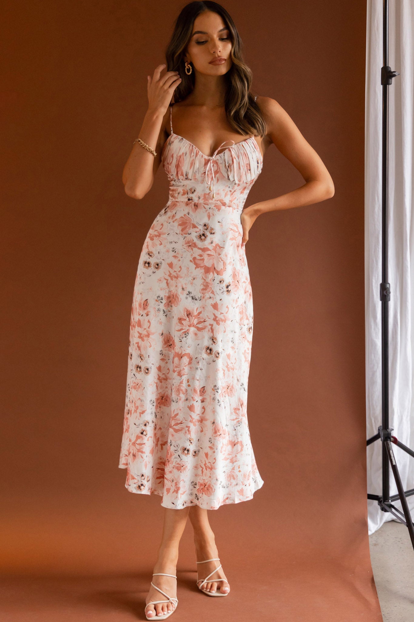 Malibu Gathered Bust Cami Strap Midi Dress Floral Pink-Maymioy