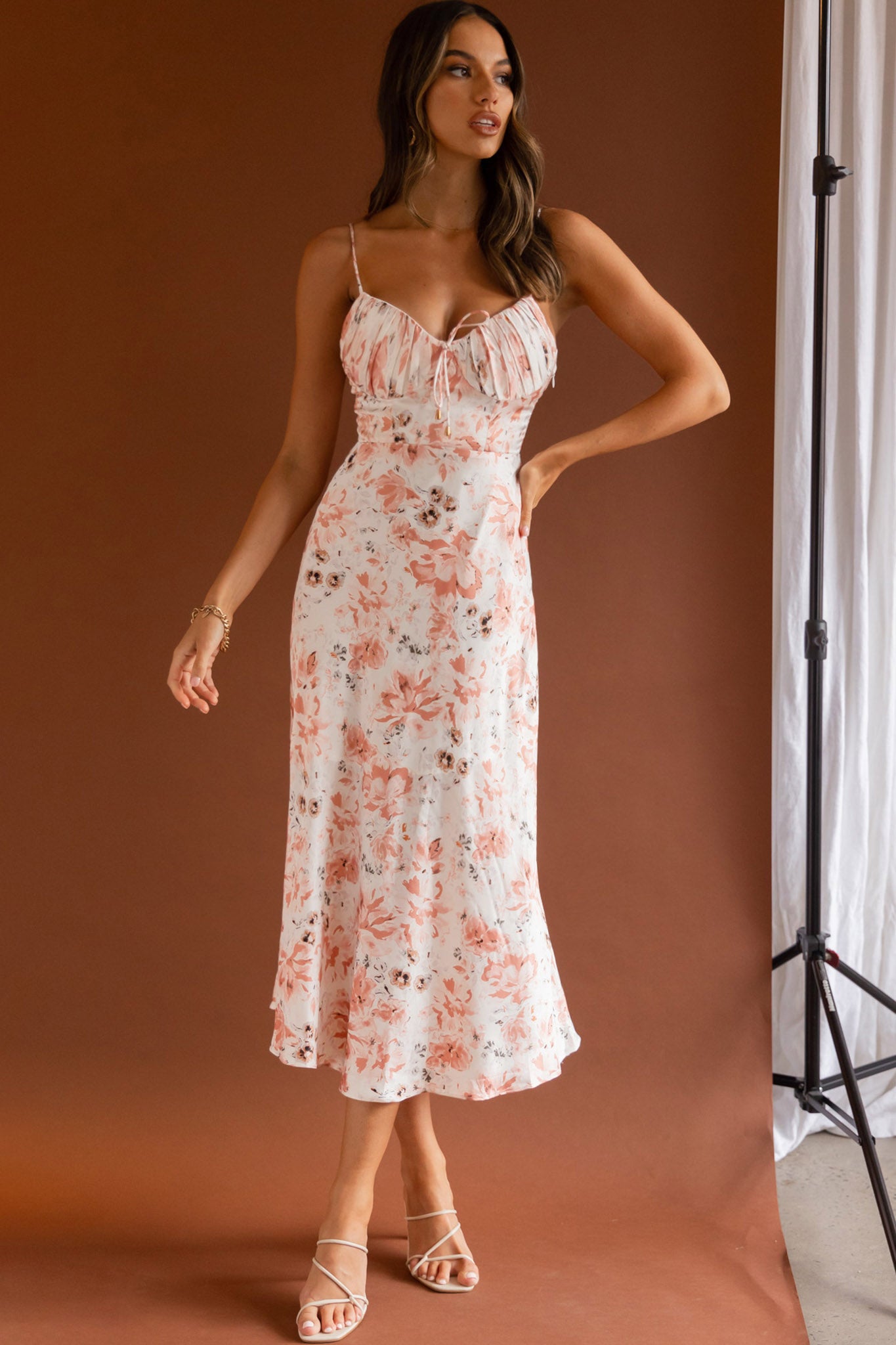 Malibu Gathered Bust Cami Strap Midi Dress Floral Pink-Maymioy