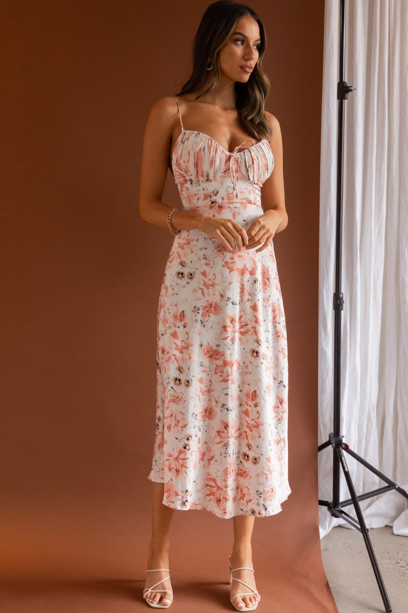 Malibu Gathered Bust Cami Strap Midi Dress Floral Pink-Maymioy