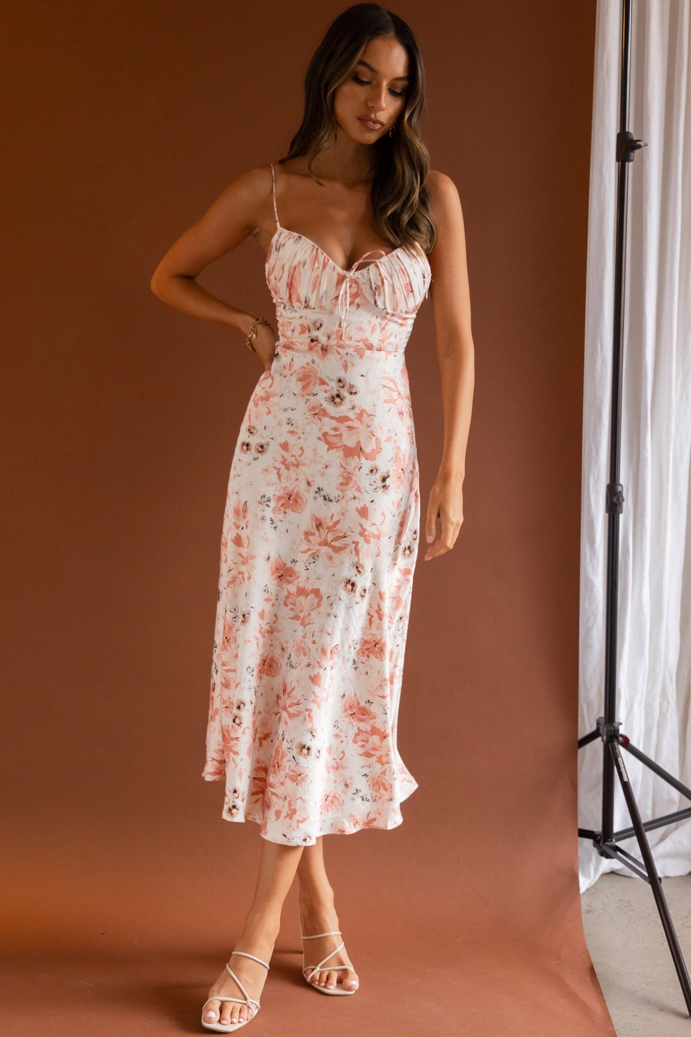 Malibu Gathered Bust Cami Strap Midi Dress Floral Pink-Maymioy