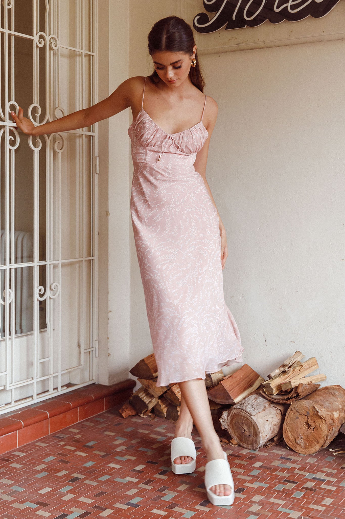 Malibu Gathered Bust Cami Strap Midi Dress Spring Pink-Maymioy