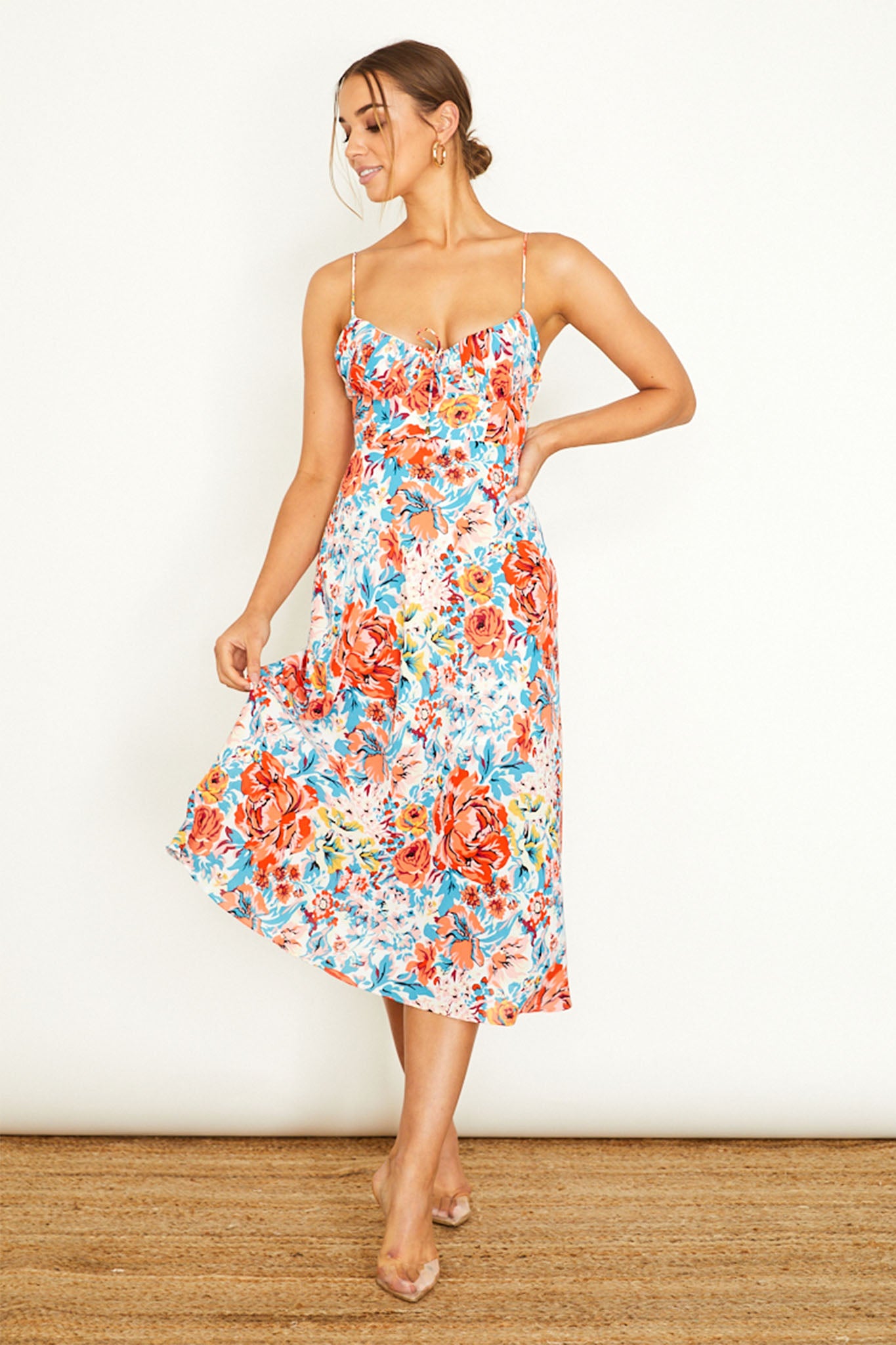 Malibu Gathered Bust Cami Strap Midi Dress Floral Orange-Maymioy