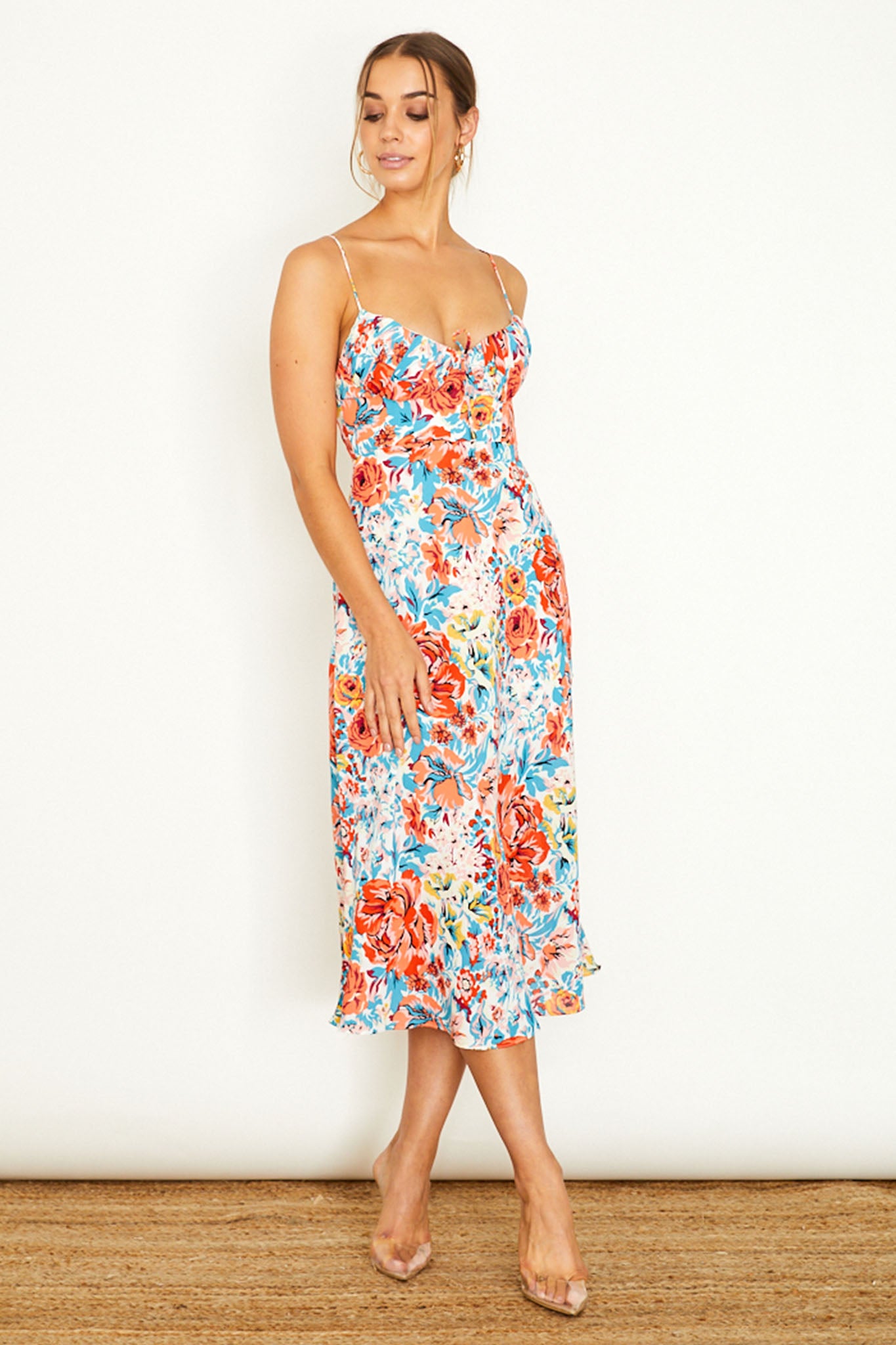 Malibu Gathered Bust Cami Strap Midi Dress Floral Orange-Maymioy