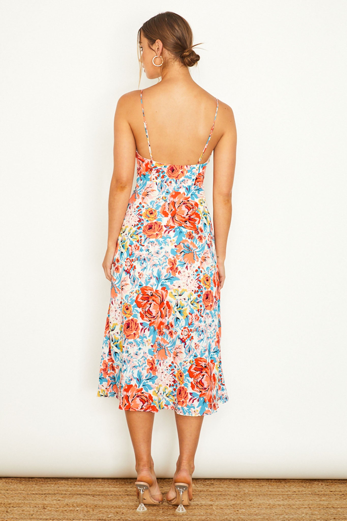 Malibu Gathered Bust Cami Strap Midi Dress Floral Orange-Maymioy
