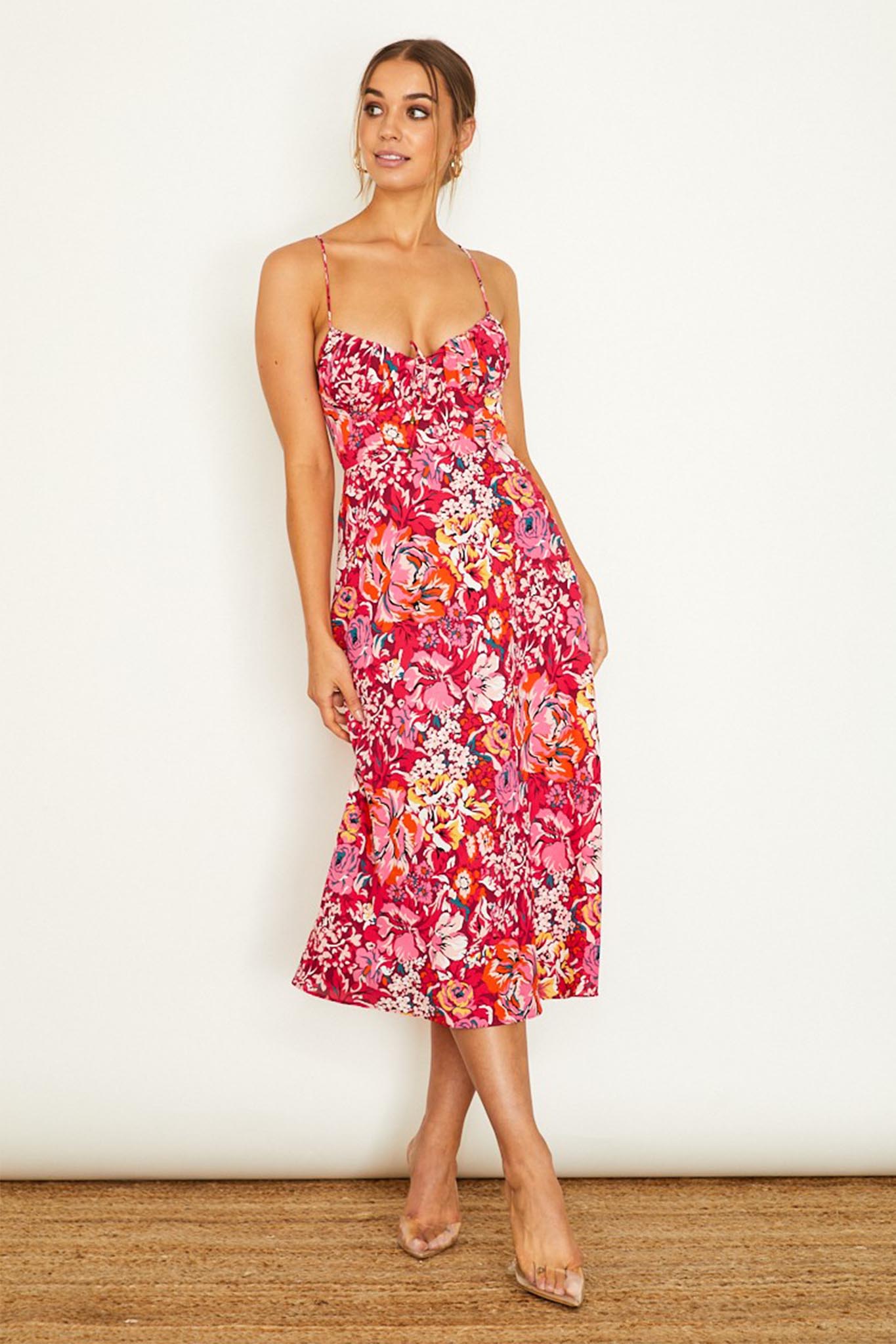 Malibu Gathered Bust Cami Strap Midi Dress Floral Red-Maymioy