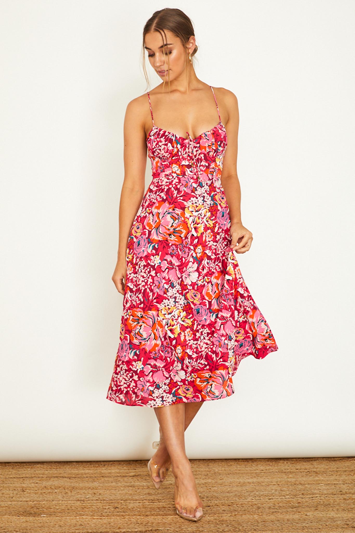 Malibu Gathered Bust Cami Strap Midi Dress Floral Red-Maymioy