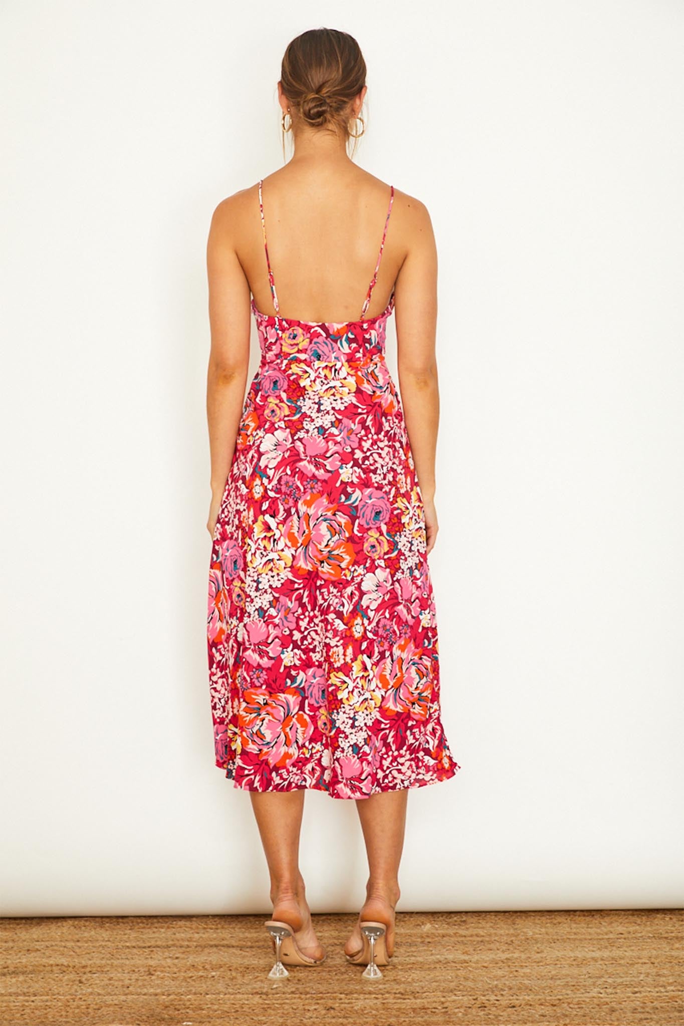 Malibu Gathered Bust Cami Strap Midi Dress Floral Red-Maymioy