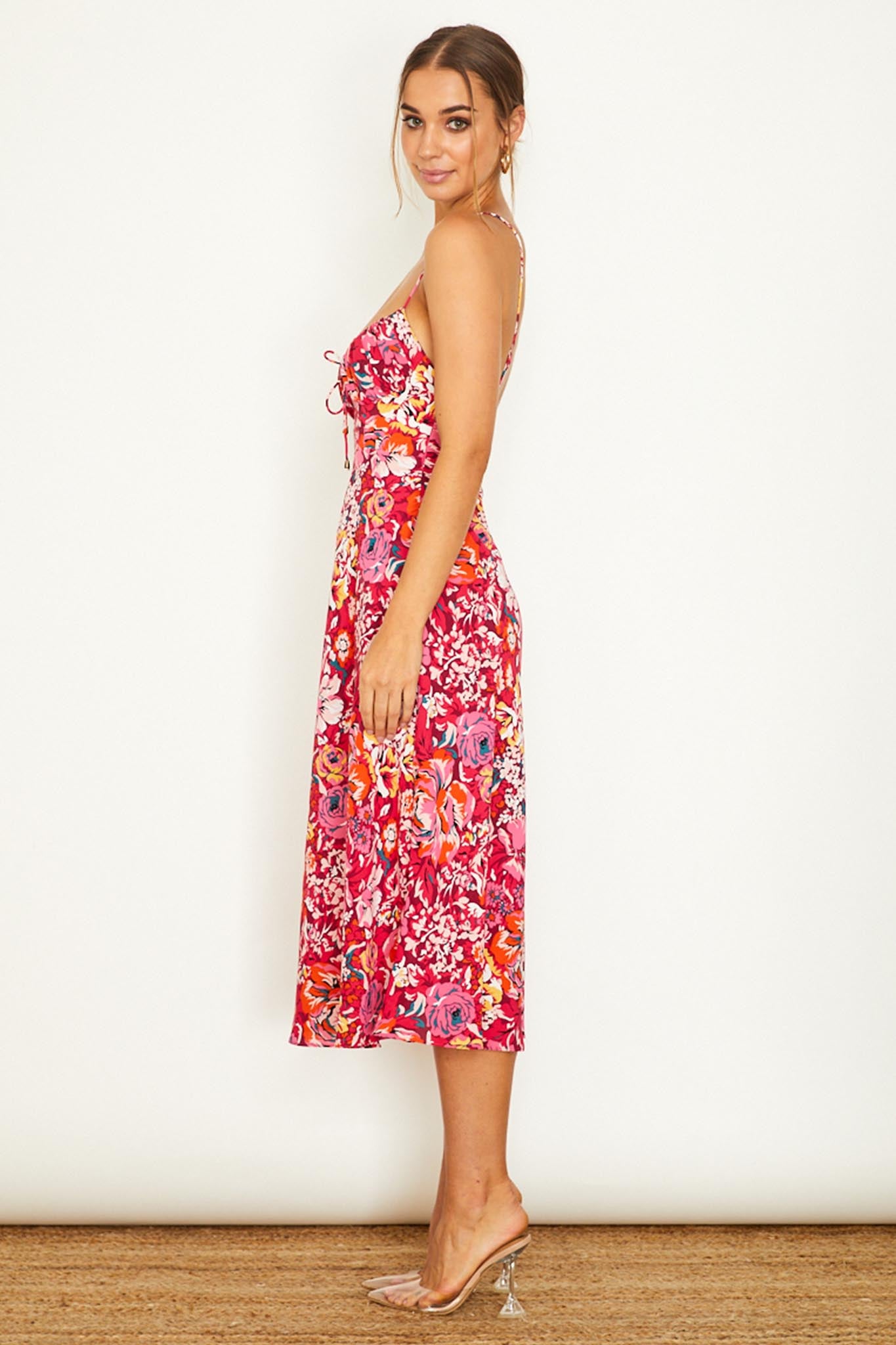 Malibu Gathered Bust Cami Strap Midi Dress Floral Red-Maymioy