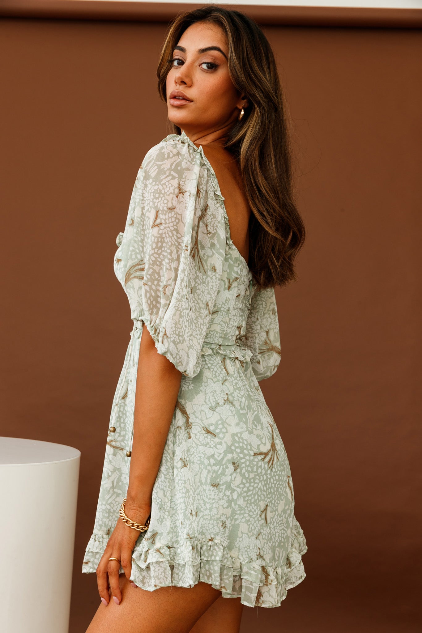 Kirra Puff Sleeve Ruched Bodice Dress Botanic Print Sage-Maymioy