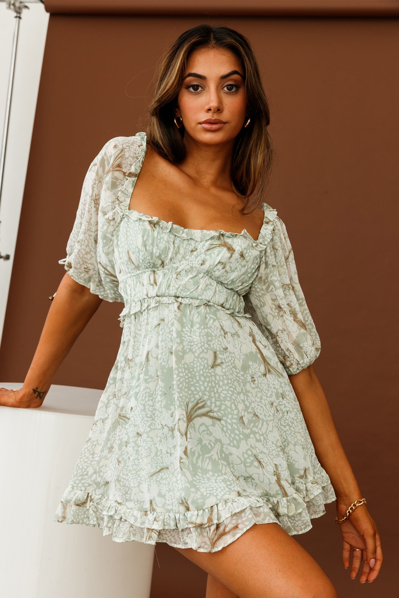 Kirra Puff Sleeve Ruched Bodice Dress Botanic Print Sage-Maymioy