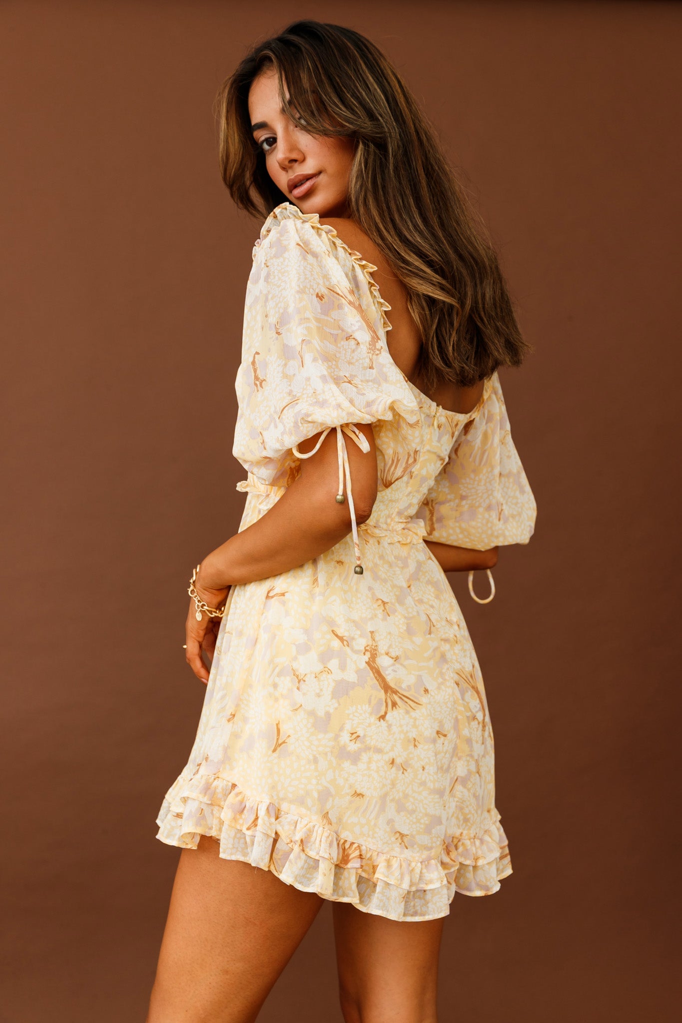 Kirra Puff Sleeve Ruched Bodice Dress Botanic Print Yellow-Maymioy