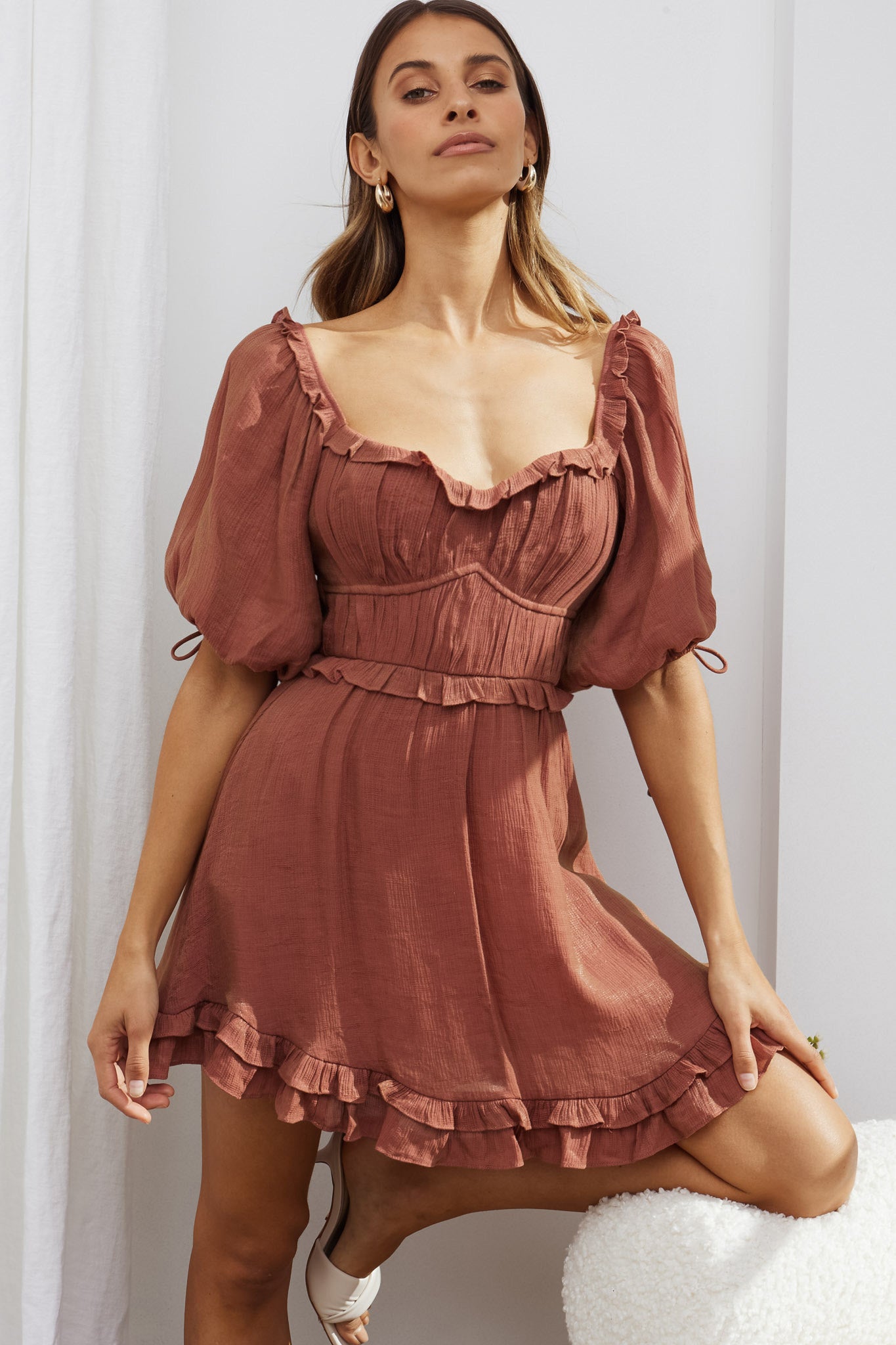 Kirra Puff Sleeve Ruched Bodice Dress Antique Rose-Maymioy