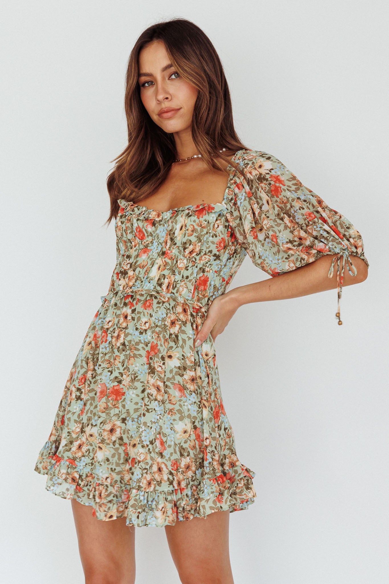 Kirra Puff Sleeve Ruched Bodice Dress Floral Green-Maymioy