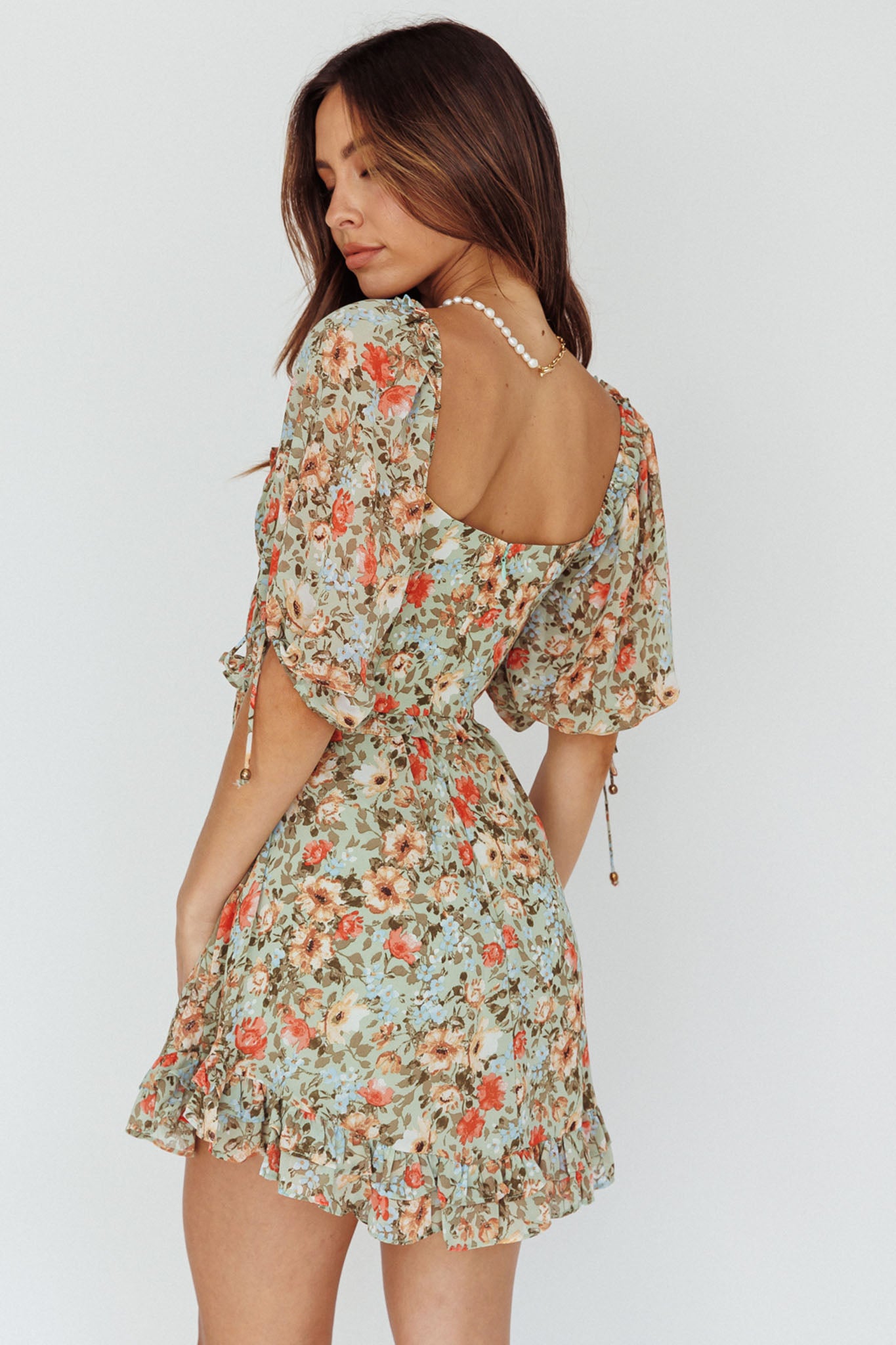 Kirra Puff Sleeve Ruched Bodice Dress Floral Green-Maymioy