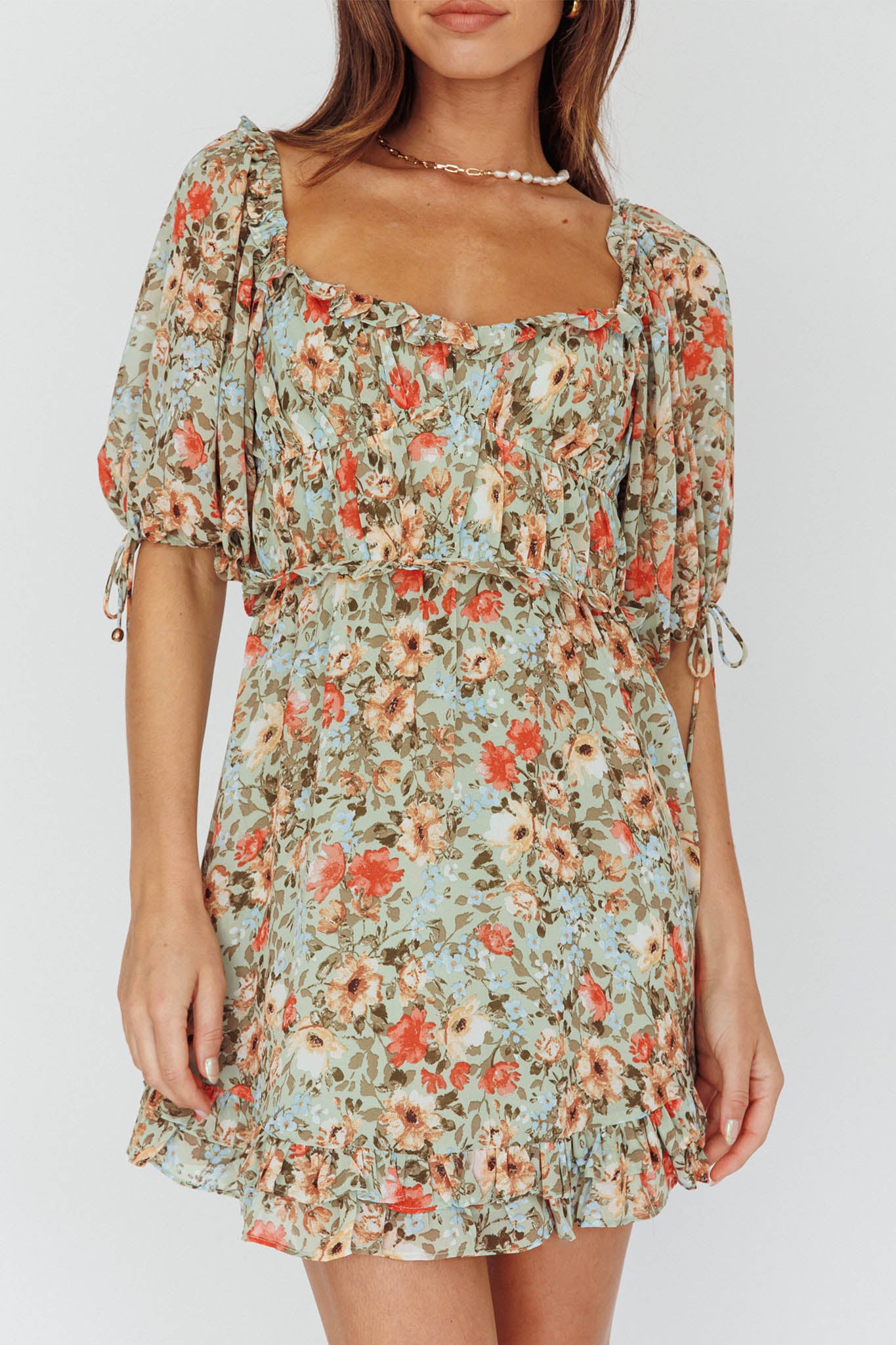Kirra Puff Sleeve Ruched Bodice Dress Floral Green-Maymioy