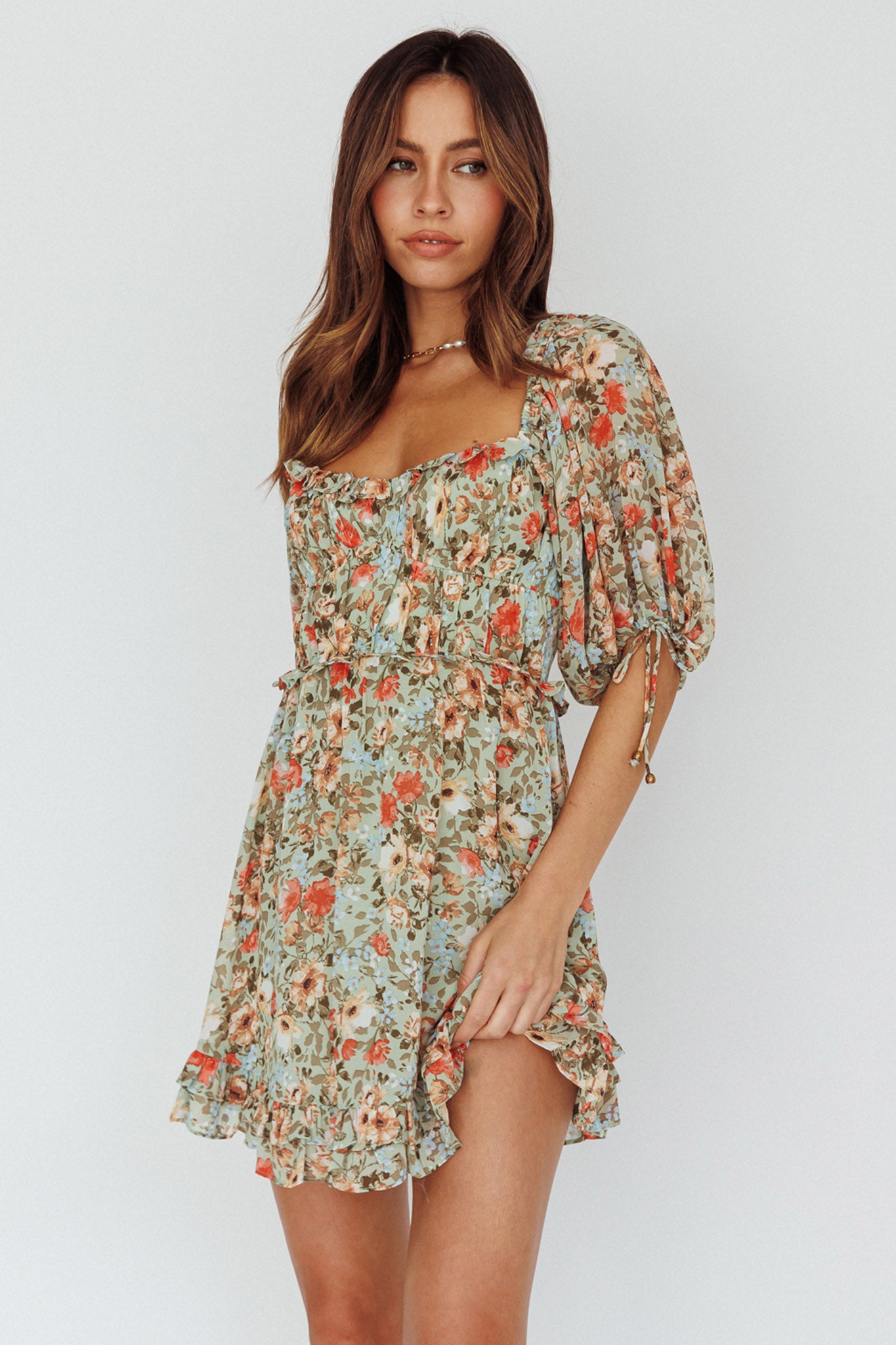 Kirra Puff Sleeve Ruched Bodice Dress Floral Green-Maymioy