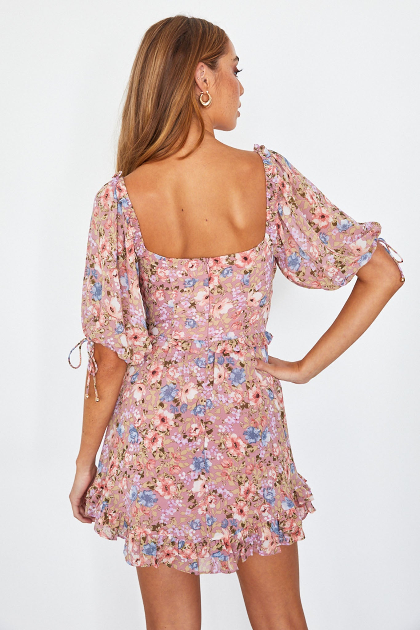 Kirra Puff Sleeve Ruched Bodice Dress Floral Pink-Maymioy