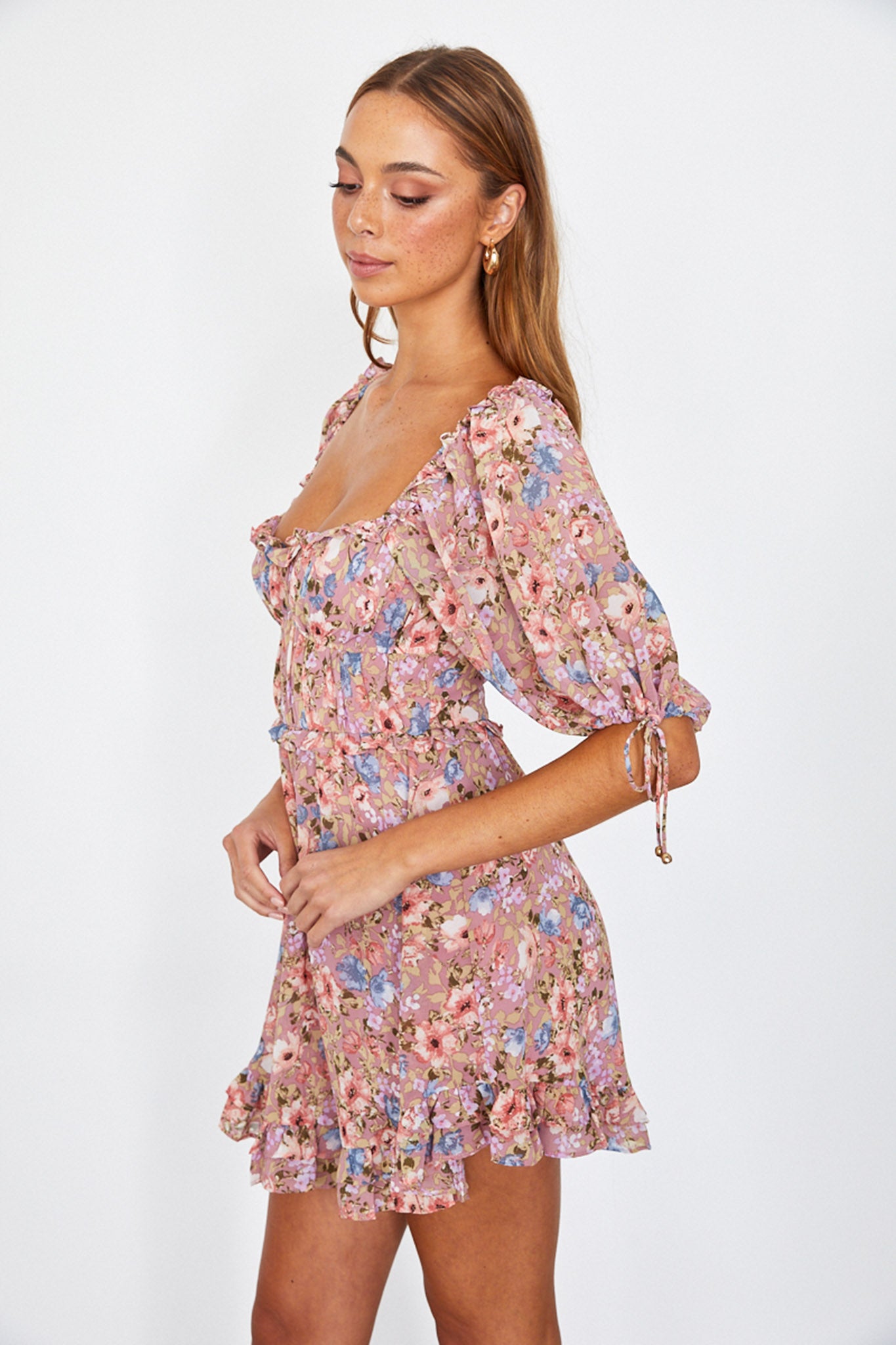 Kirra Puff Sleeve Ruched Bodice Dress Floral Pink-Maymioy