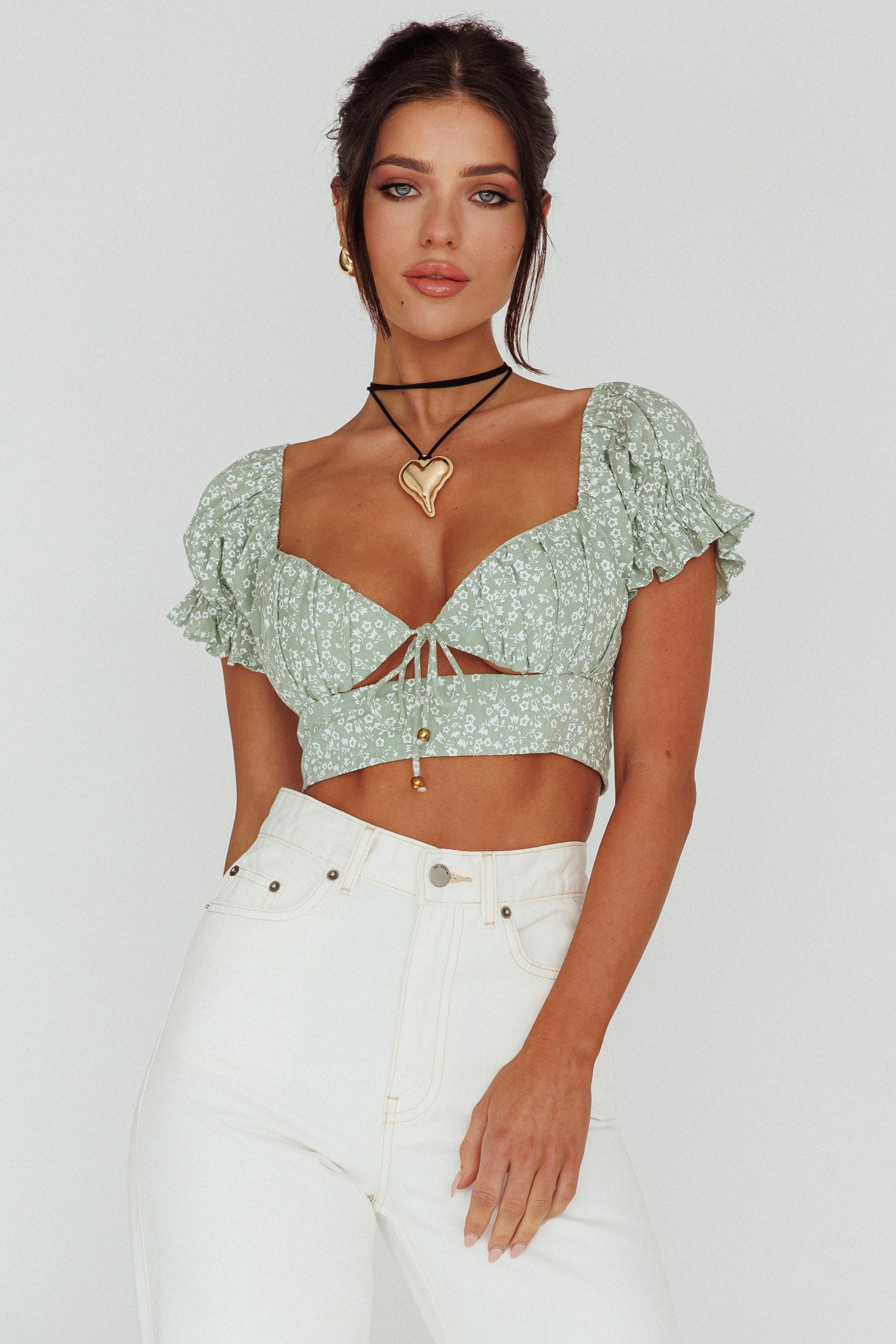 Sweet Romance Sweetheart Neckline Crop Top Floral Sage-Maymioy