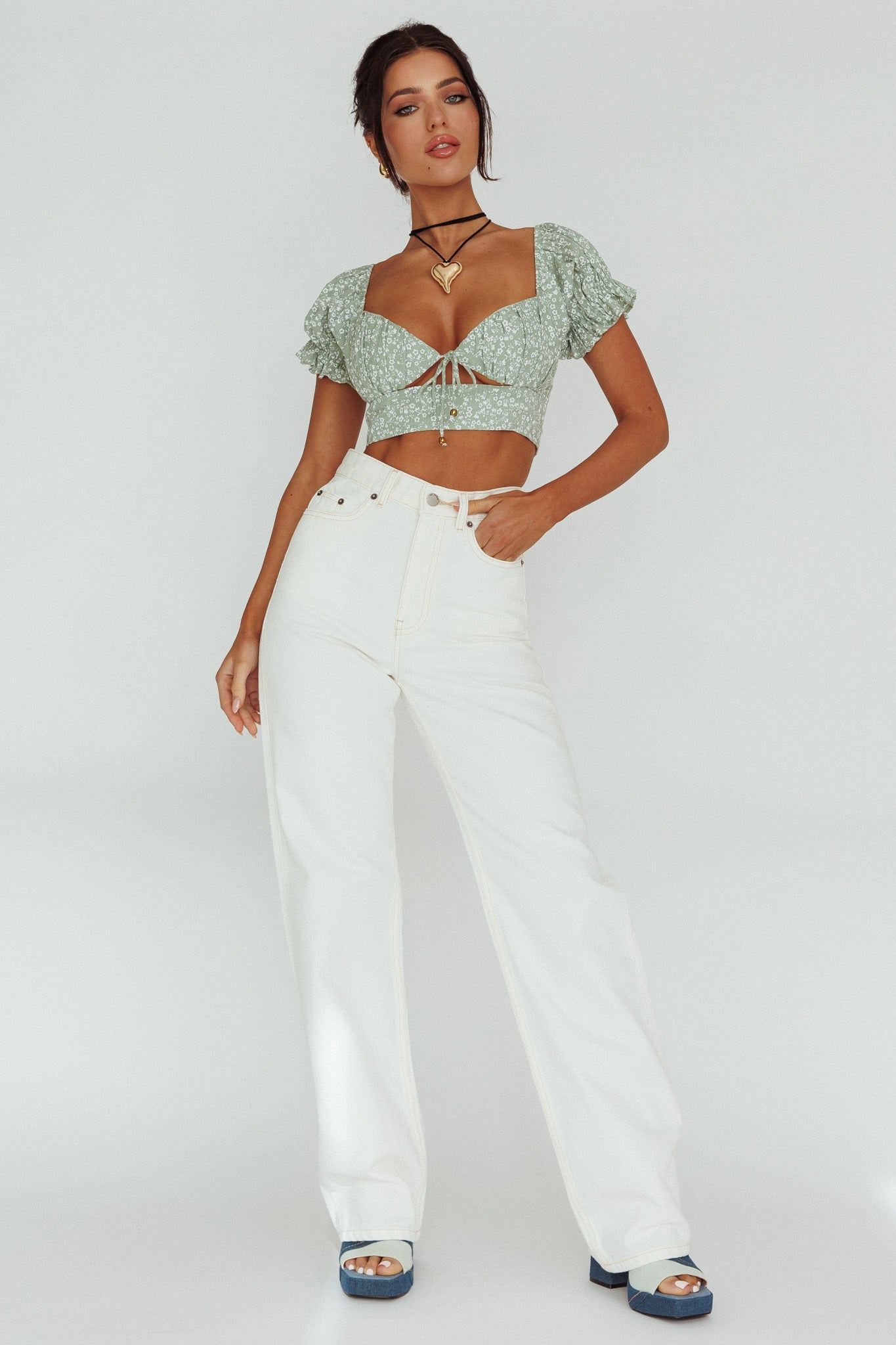 Sweet Romance Sweetheart Neckline Crop Top Floral Sage-Maymioy