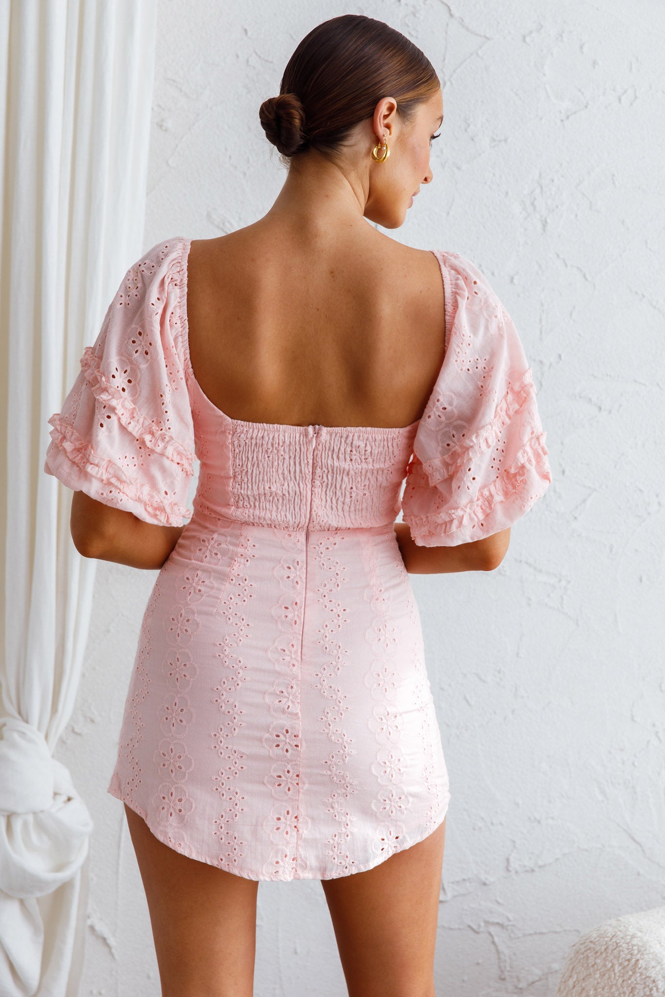 Sweet Romance Puff Sleeve Eyelet Mini Dress Baby Pink-Maymioy