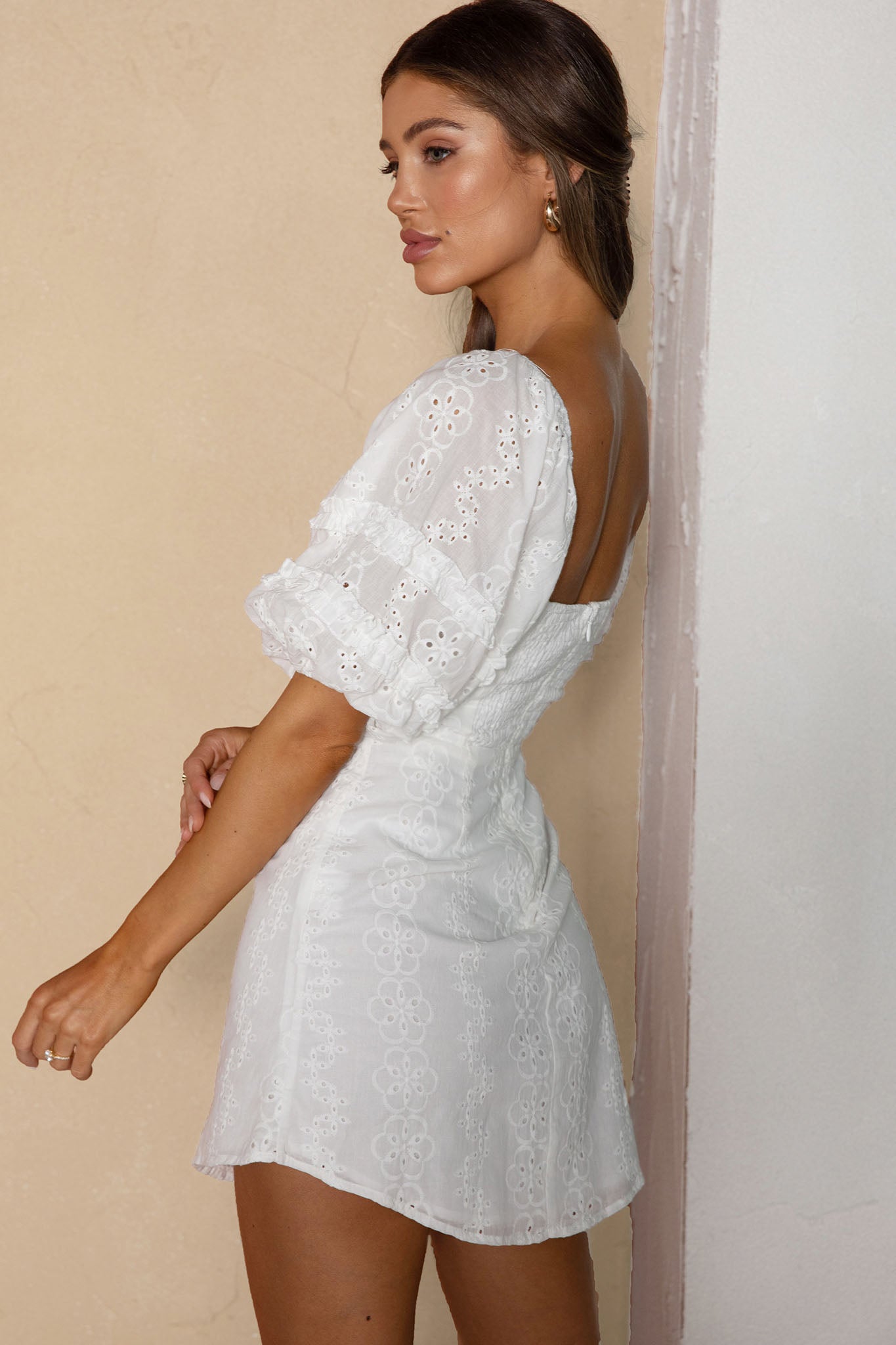 Sweet Romance Puff Sleeve Eyelet Mini Dress White-Maymioy